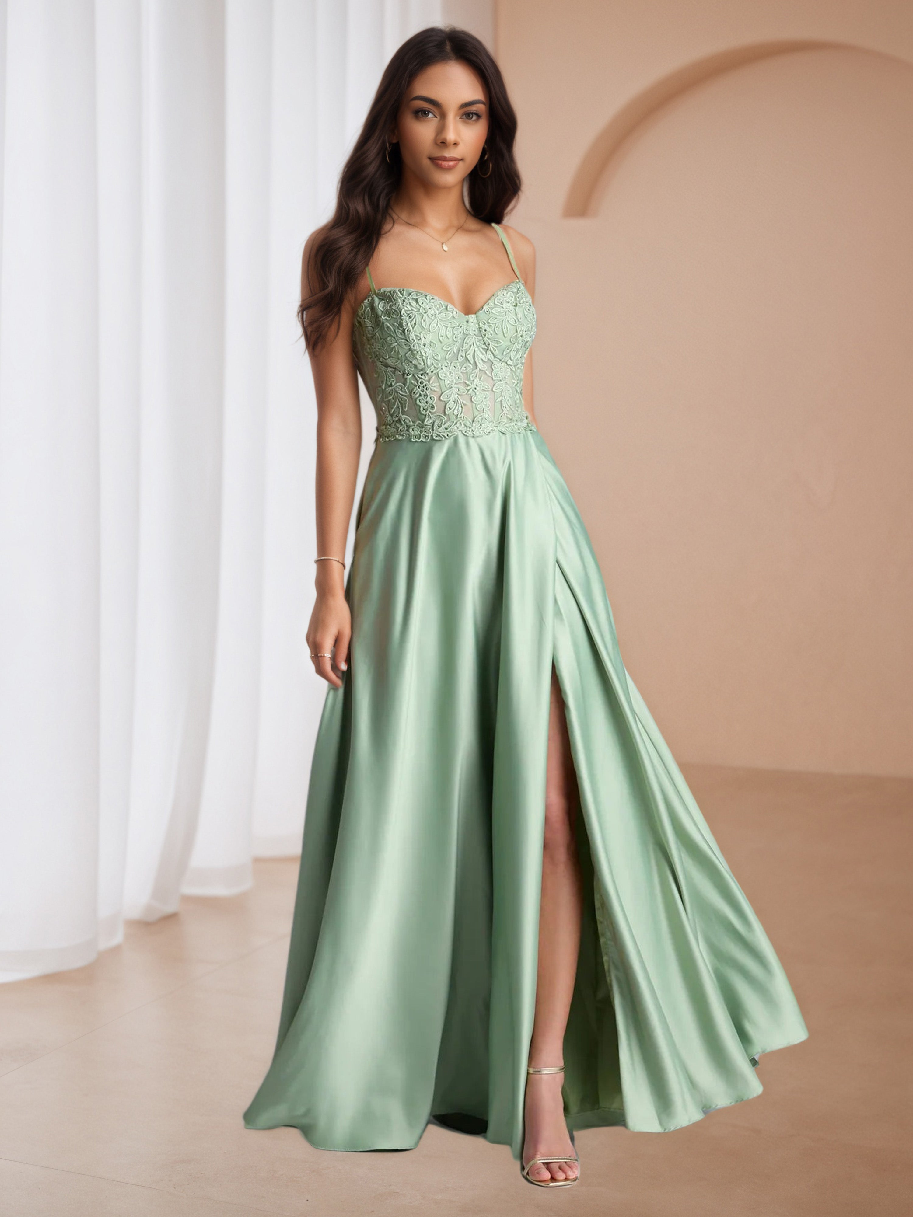 A-Line Dusty Sage Lace Appliques Formal Dresses A-Line Dusty Sage Lace Appliques Formal Dresses