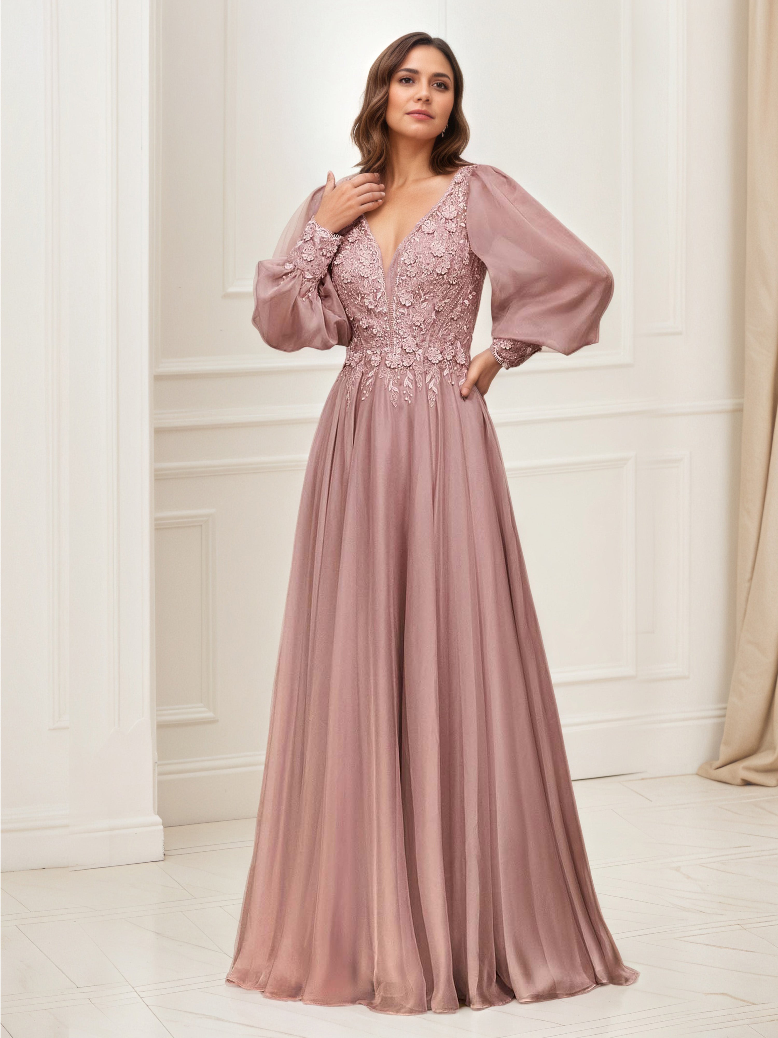 Vintage Mauve Mother Of Bride Dresses Laces Appliques V Neck Long Sleeve Chiffon Mother Of Bride Dress Vintage Mauve Mother Of Bride Dresses Laces Appliques V Neck Long Sleeve Chiffon Mother Of Bride Dress