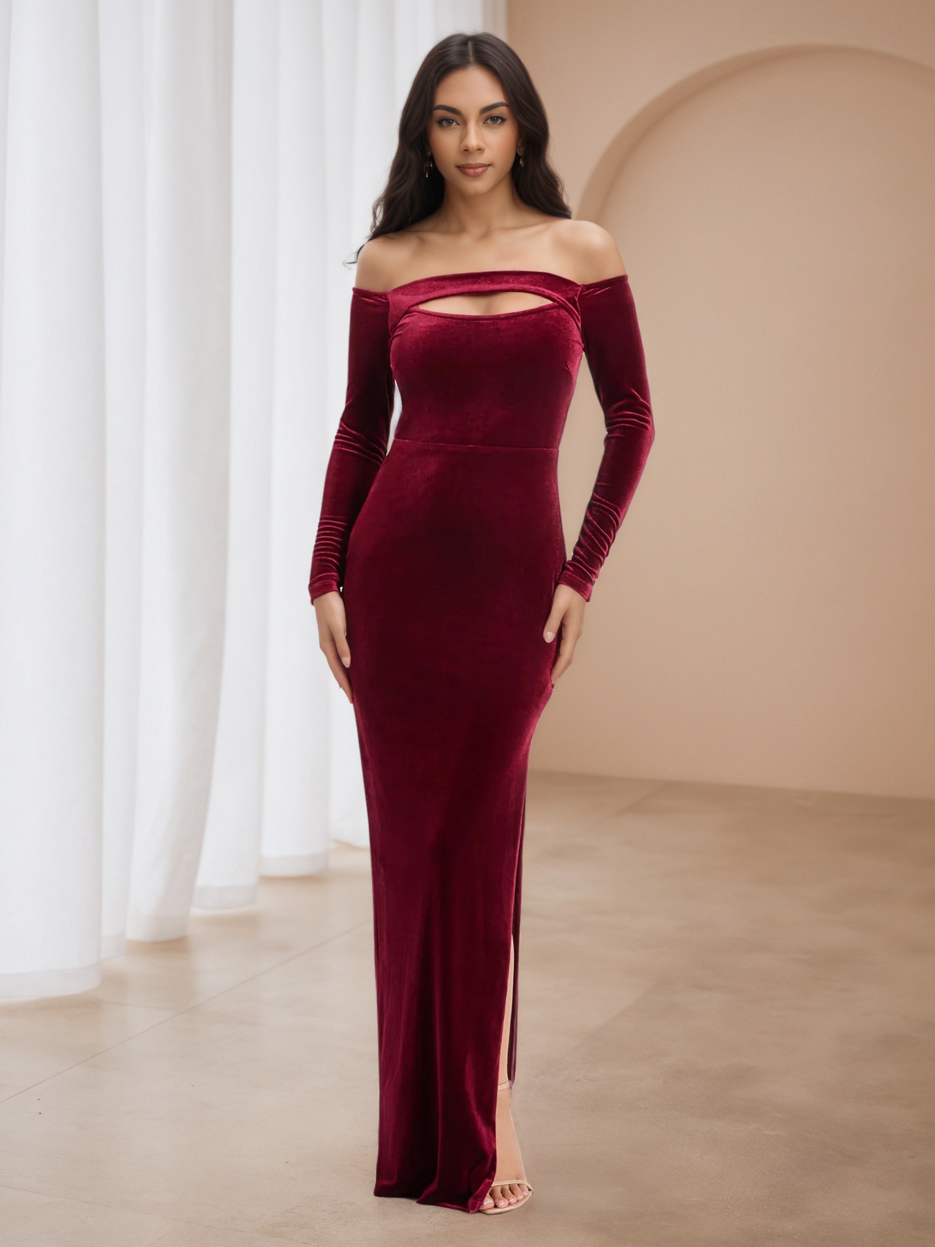 Burgundy Strapless Cut-Out Long Sleeves Floor Length Prom Dresses Burgundy Strapless Cut-Out Long Sleeves Floor Length Prom Dresses