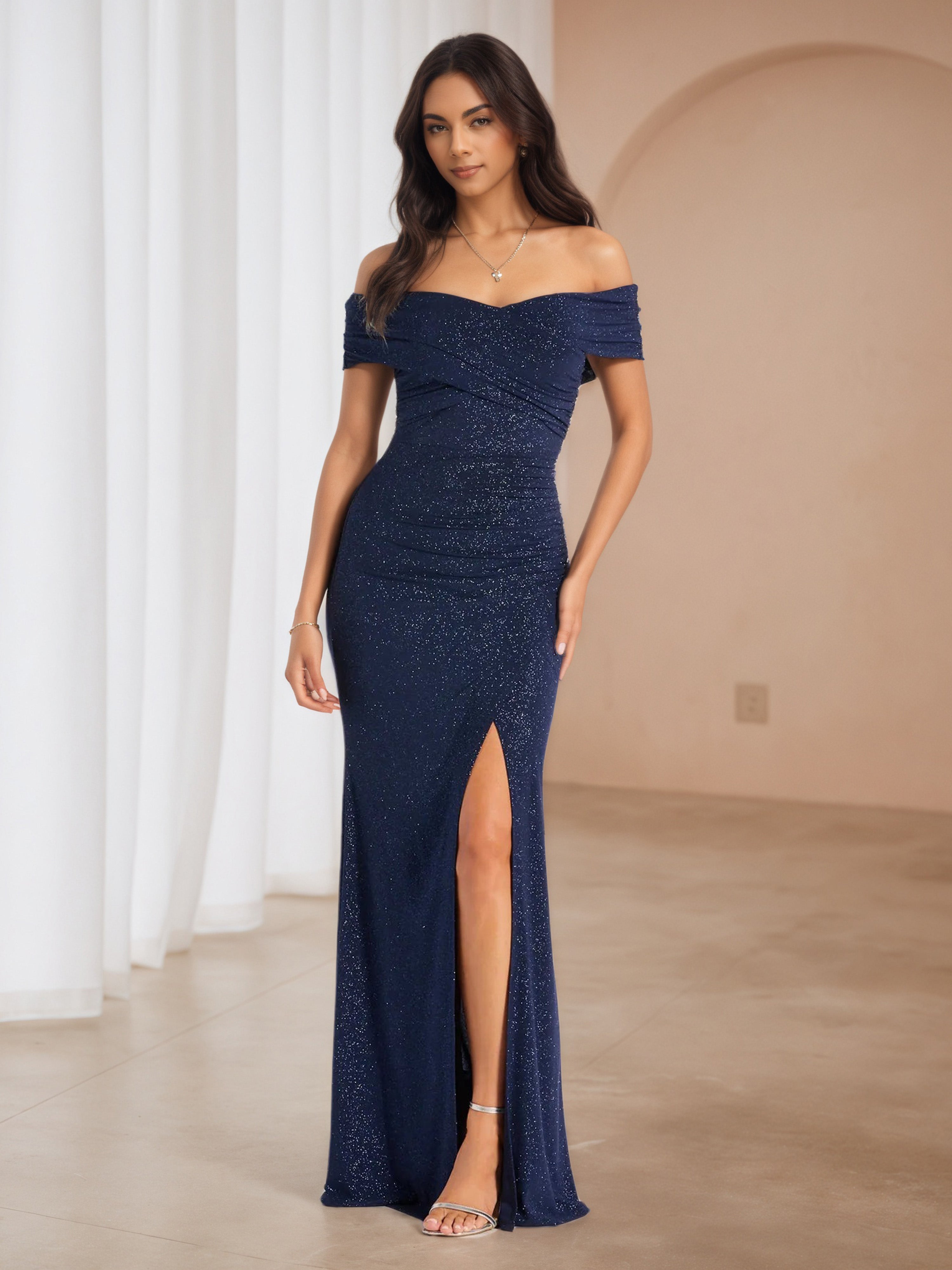 Dark Navy Off The Shoulder Glitter Split Wedding Guest Dress Dark Navy Off The Shoulder Glitter Split Wedding Guest Dress