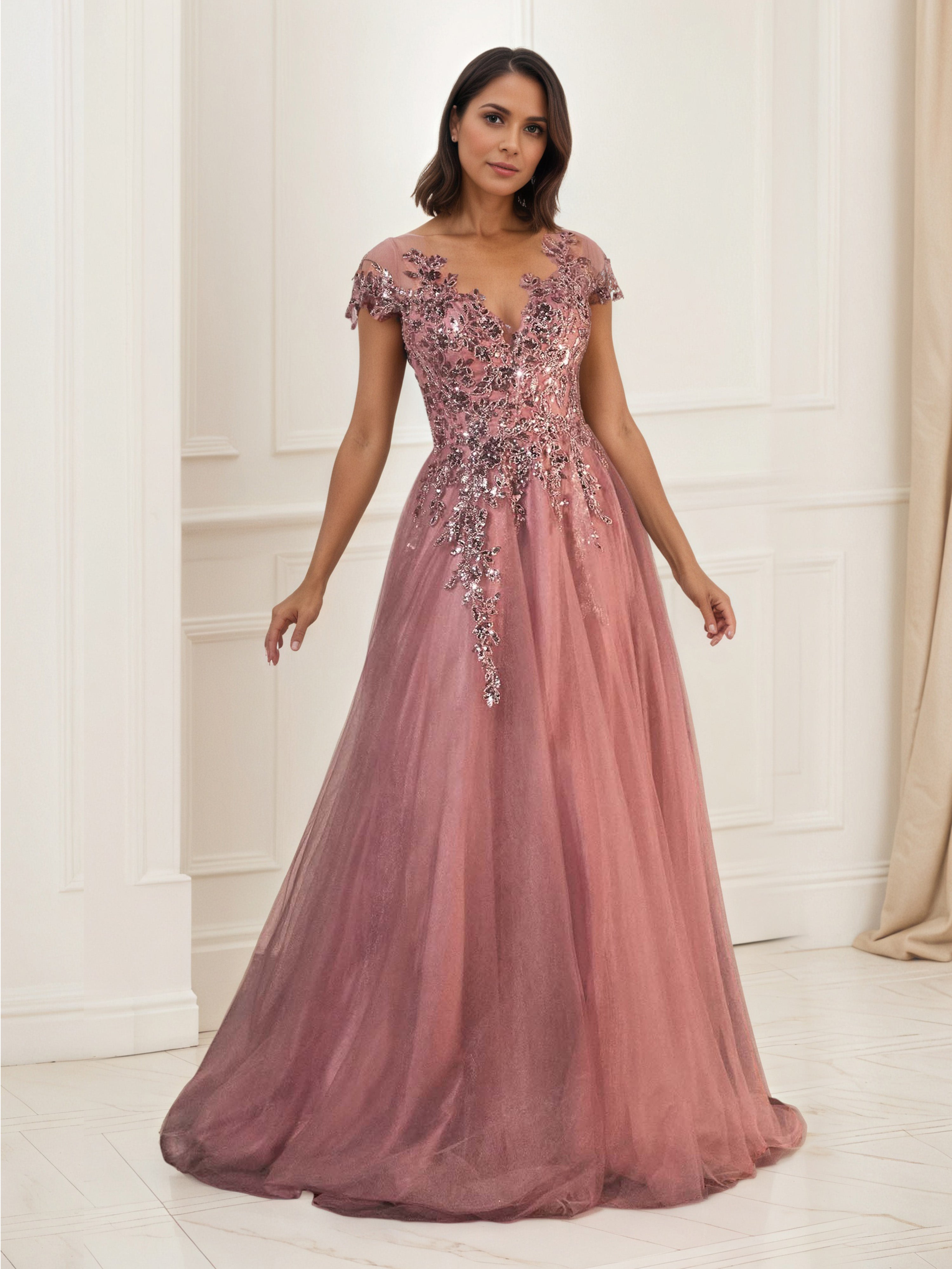 Dusty Rose Mother Of Bride Dresses Sparkly Sequins Appliqued V Neck Tulle Mother Of Bride Dress Dusty Rose Mother Of Bride Dresses Sparkly Sequins Appliqued V Neck Tulle Mother Of Bride Dress