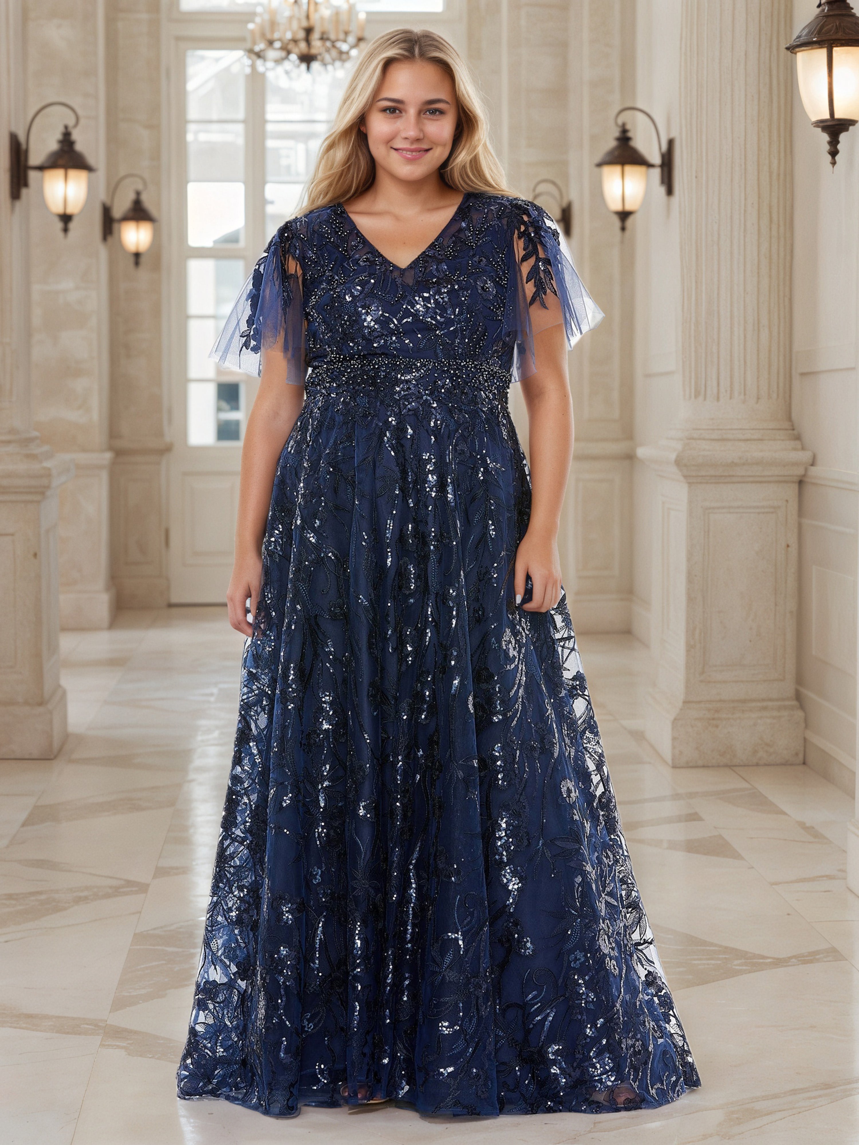 Modest Dark Navy Long A-Line V-Neck Sequins Lace Prom Dress Modest Dark Navy Long A-Line V-Neck Sequins Lace Prom Dress