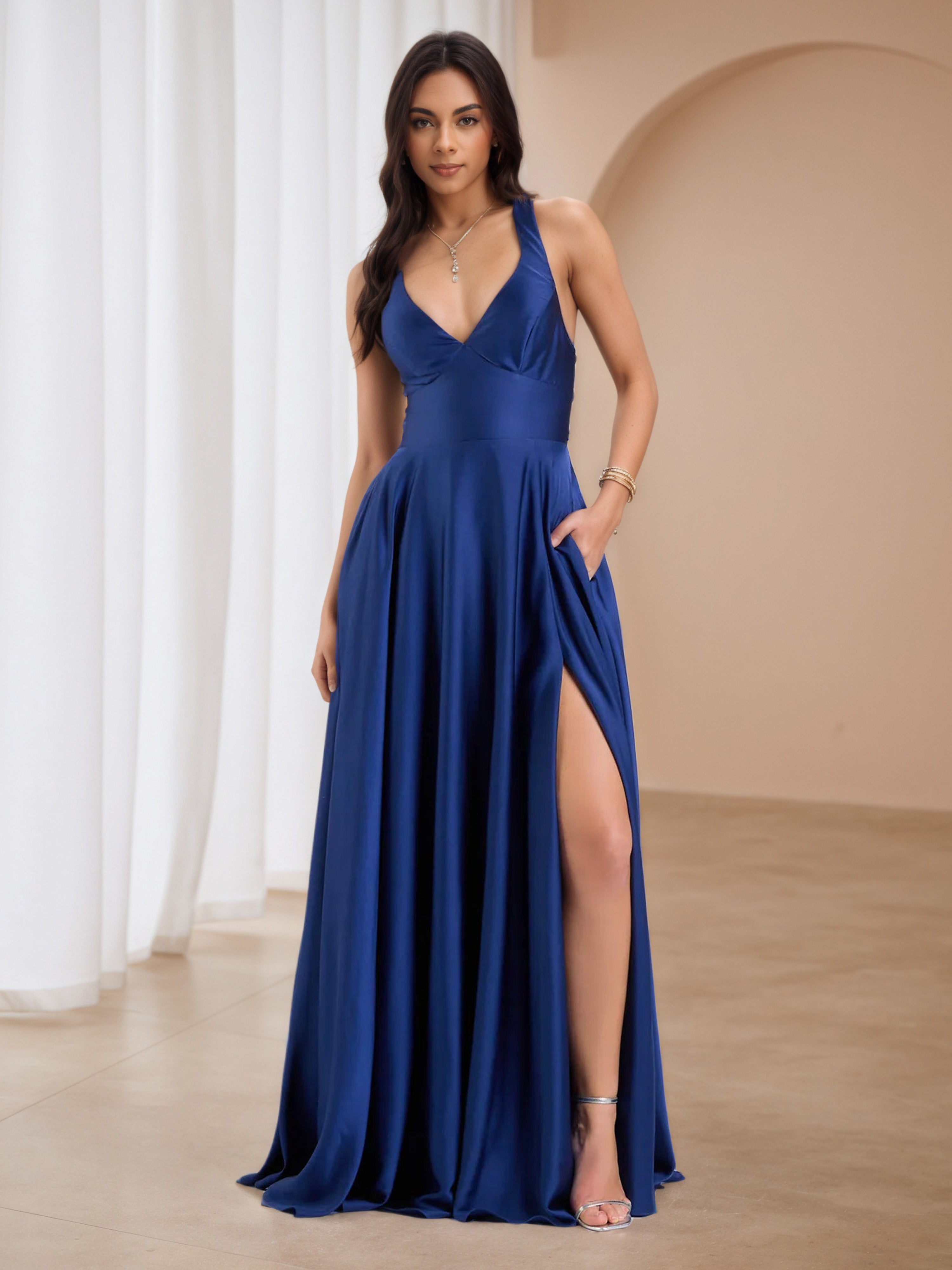 A-Line Royal Blue V-Neck Straps Formal Dresses A-Line Royal Blue V-Neck Straps Formal Dresses