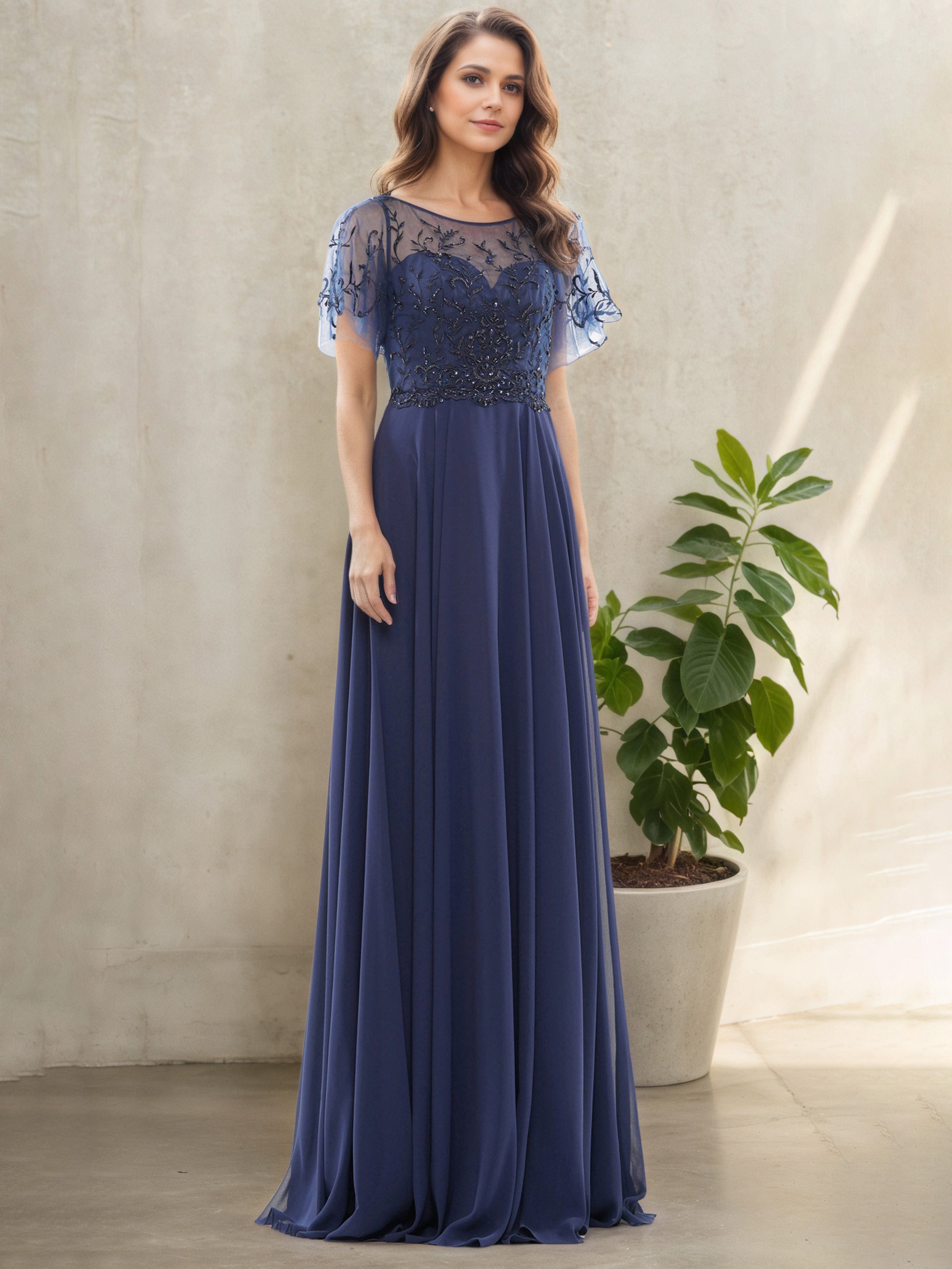 Sheer Neck Navy Blue A-Line Mother Of The Bride Dress Sheer Neck Navy Blue A-Line Mother Of The Bride Dress