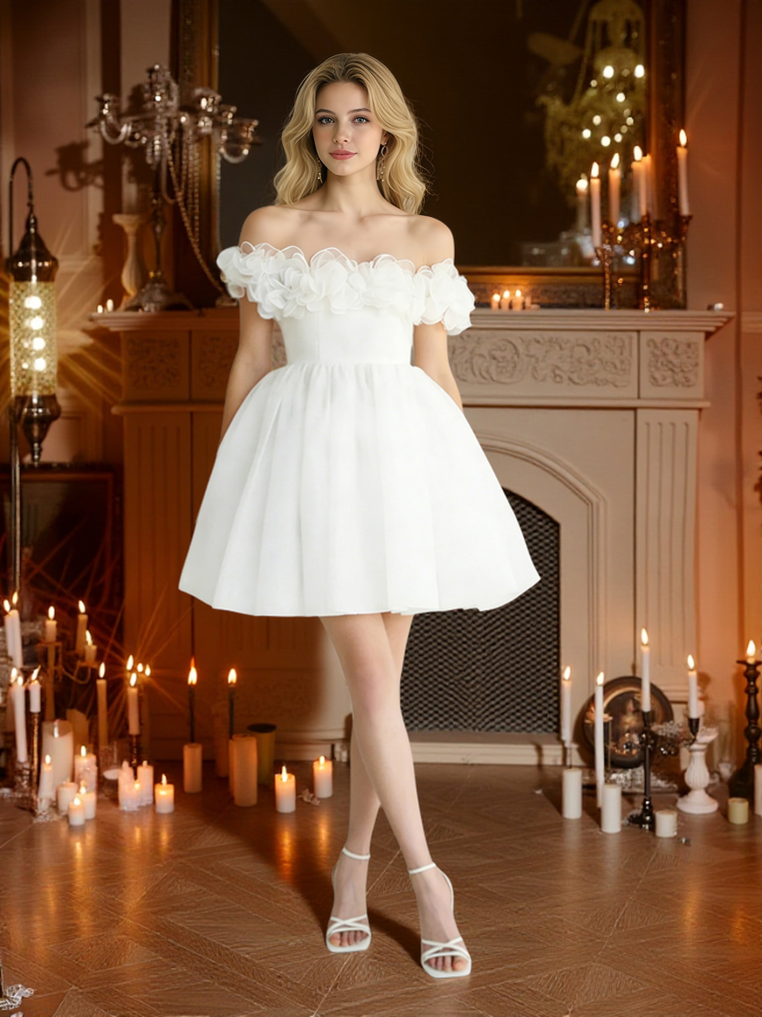 Cicinia White Graduation Dresses Short Tulle A-line Off The Shoulder Dress With 3D Flowers Cicinia White Graduation Dresses Short Tulle A-line Off The Shoulder Dress With 3D Flowers
