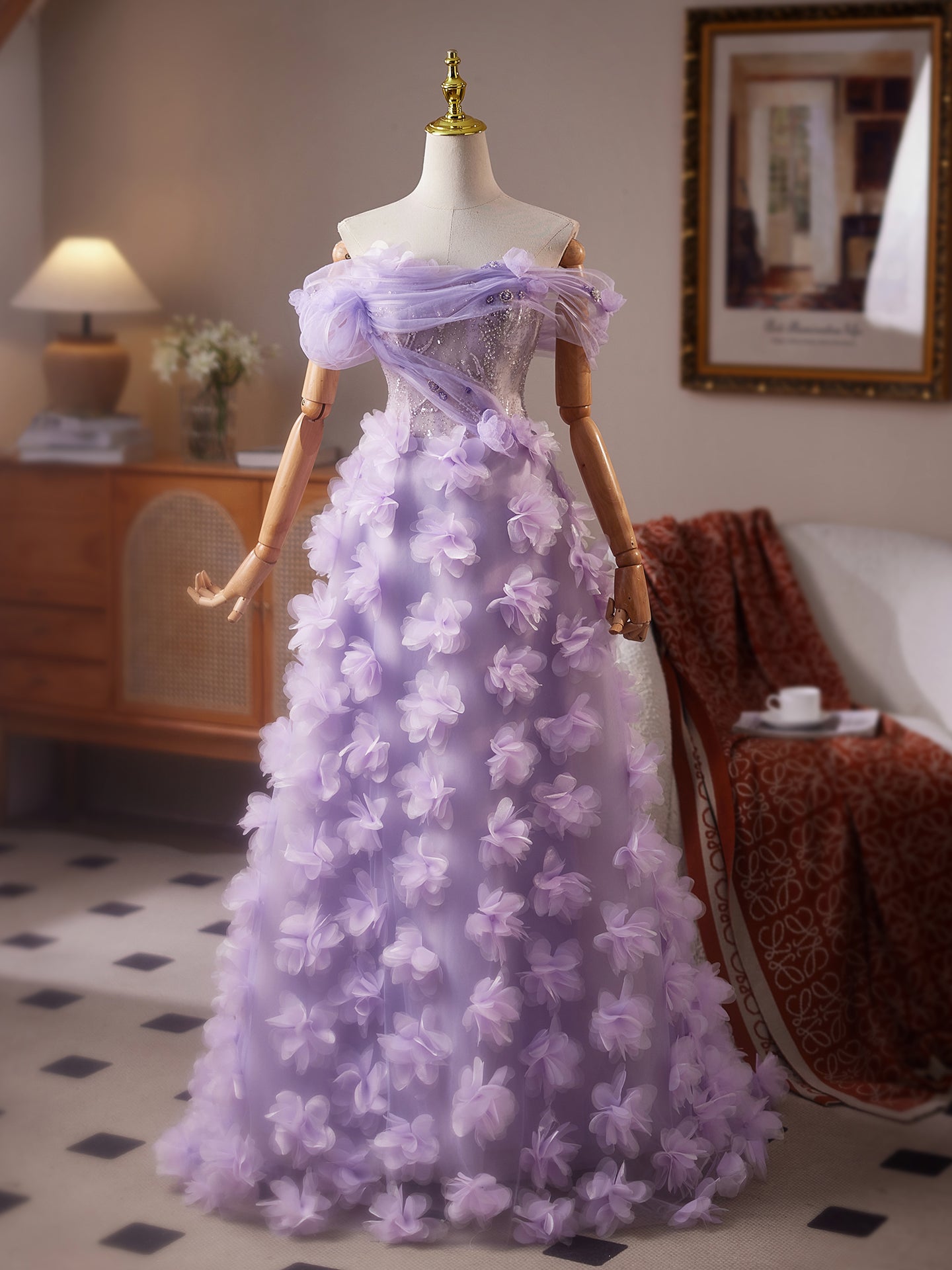 prom lilac dress New Arrival Beading Lilac Tulle Flower Appliques Long Prom Dress