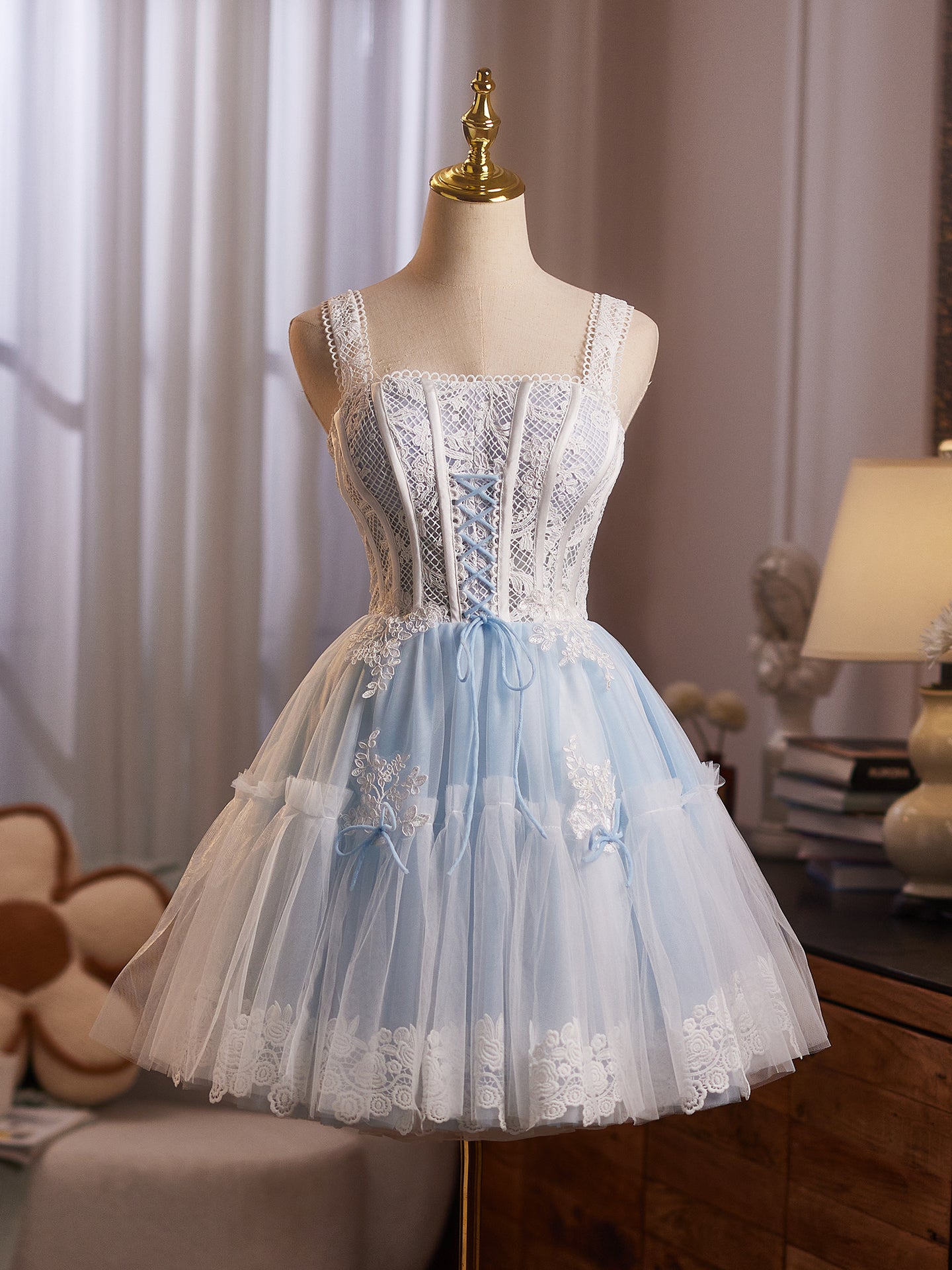 Sky Blue Appliques Straps Tulle A Line Homecoming Dress Sky Blue Appliques Straps Tulle A Line Homecoming Dress