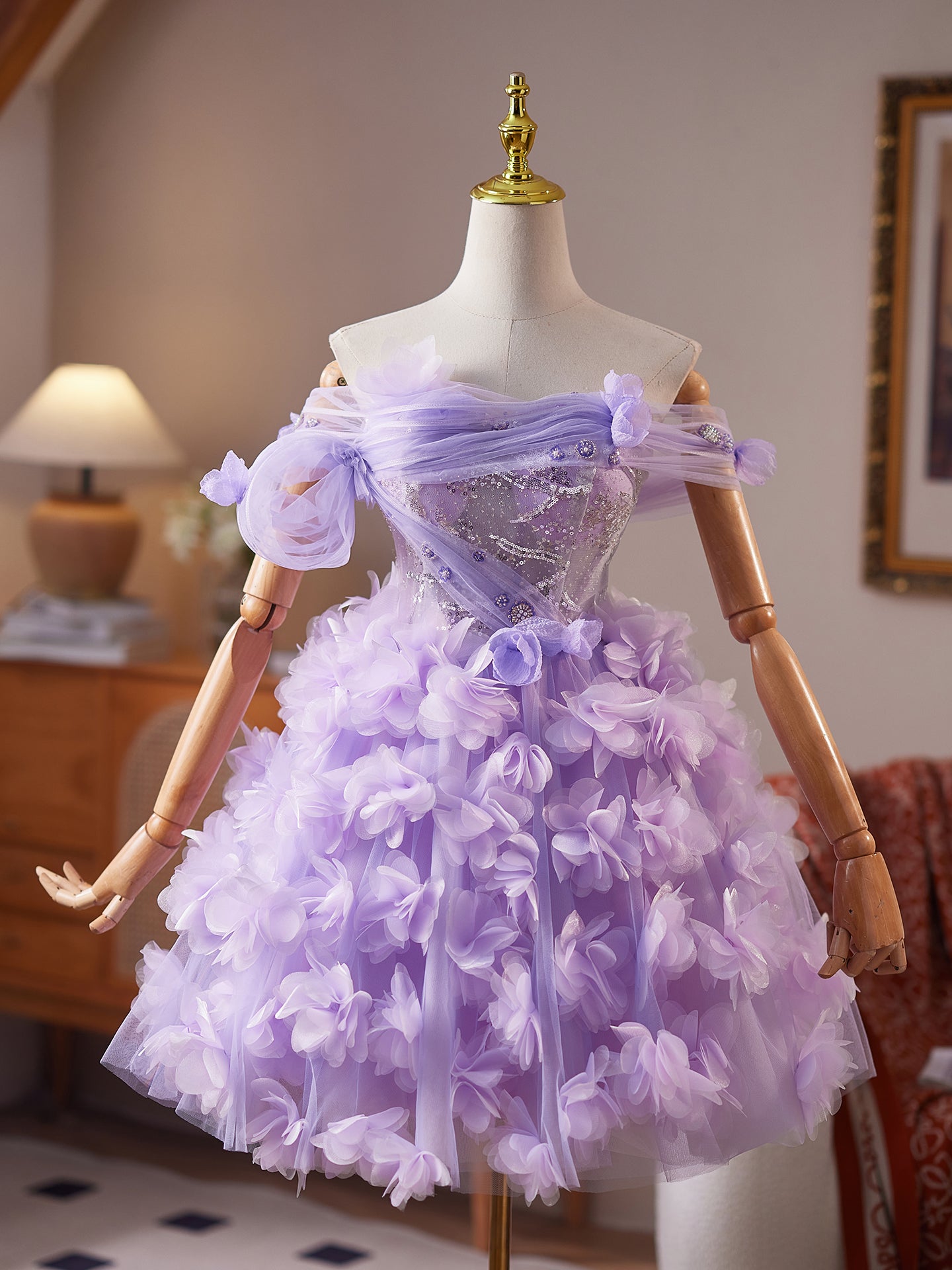 Gorgeous Lilac Tulle Flower Appliques A Line Homecoming Dress with Sequins Gorgeous Lilac Tulle Flower Appliques A Line Homecoming Dress with Sequins