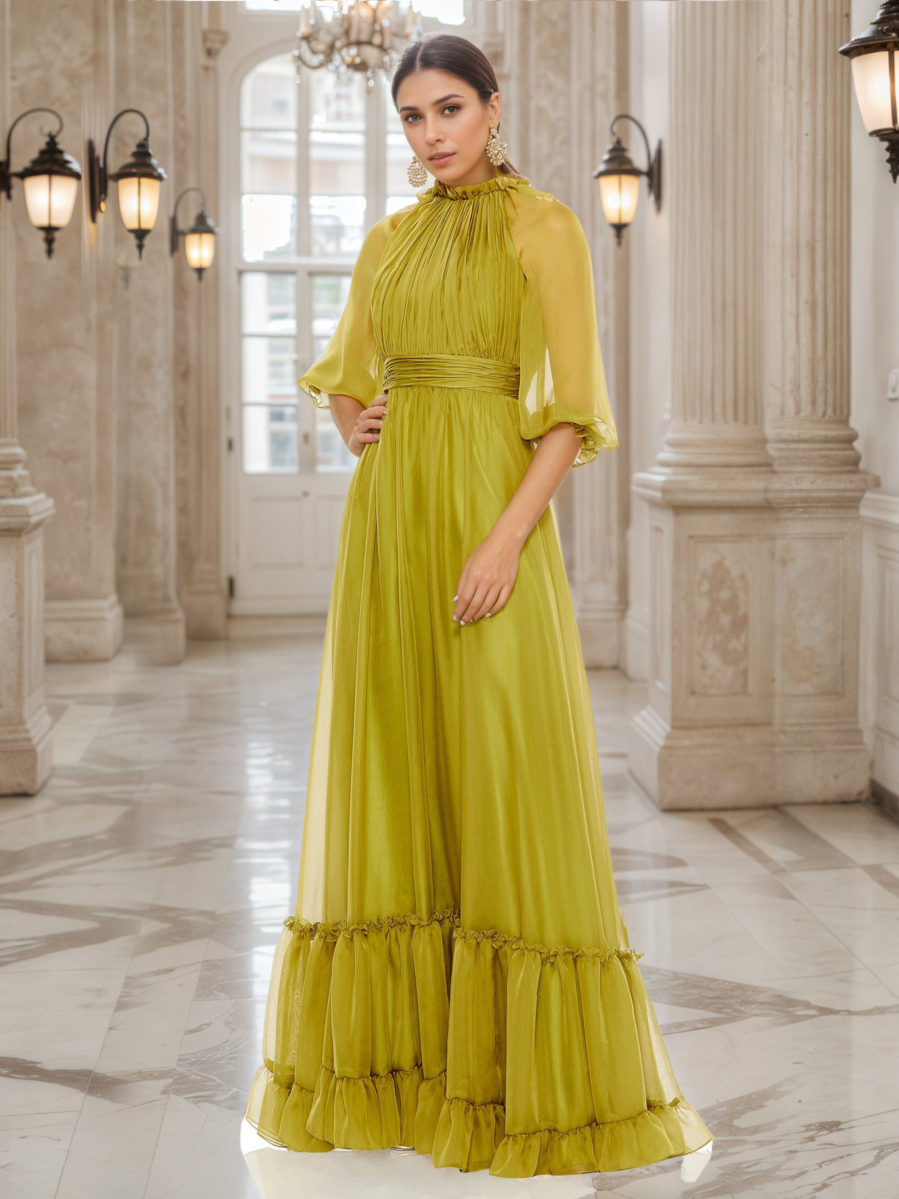 Olive Green Mother of Bride Dresses A-Line Sheer Sleeves Chiffon Long Mother of The Bride Dress Olive Green Mother of Bride Dresses A-Line Sheer Sleeves Chiffon Long Mother of The Bride Dress