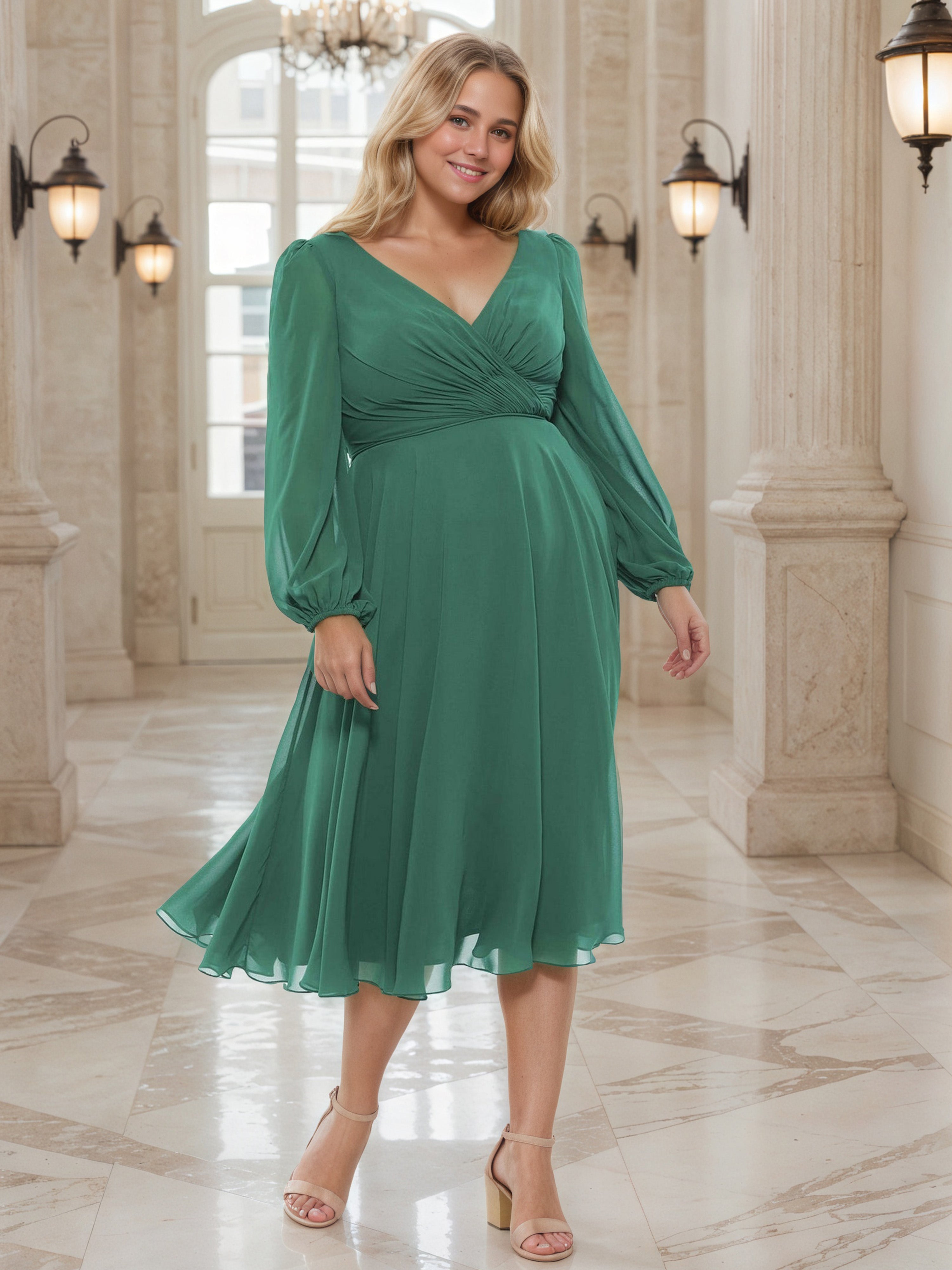Flowy Tea Length Chiffon Long Sleeves Plus Size Prom Dress Flowy Tea Length Chiffon Long Sleeves Plus Size Prom Dress