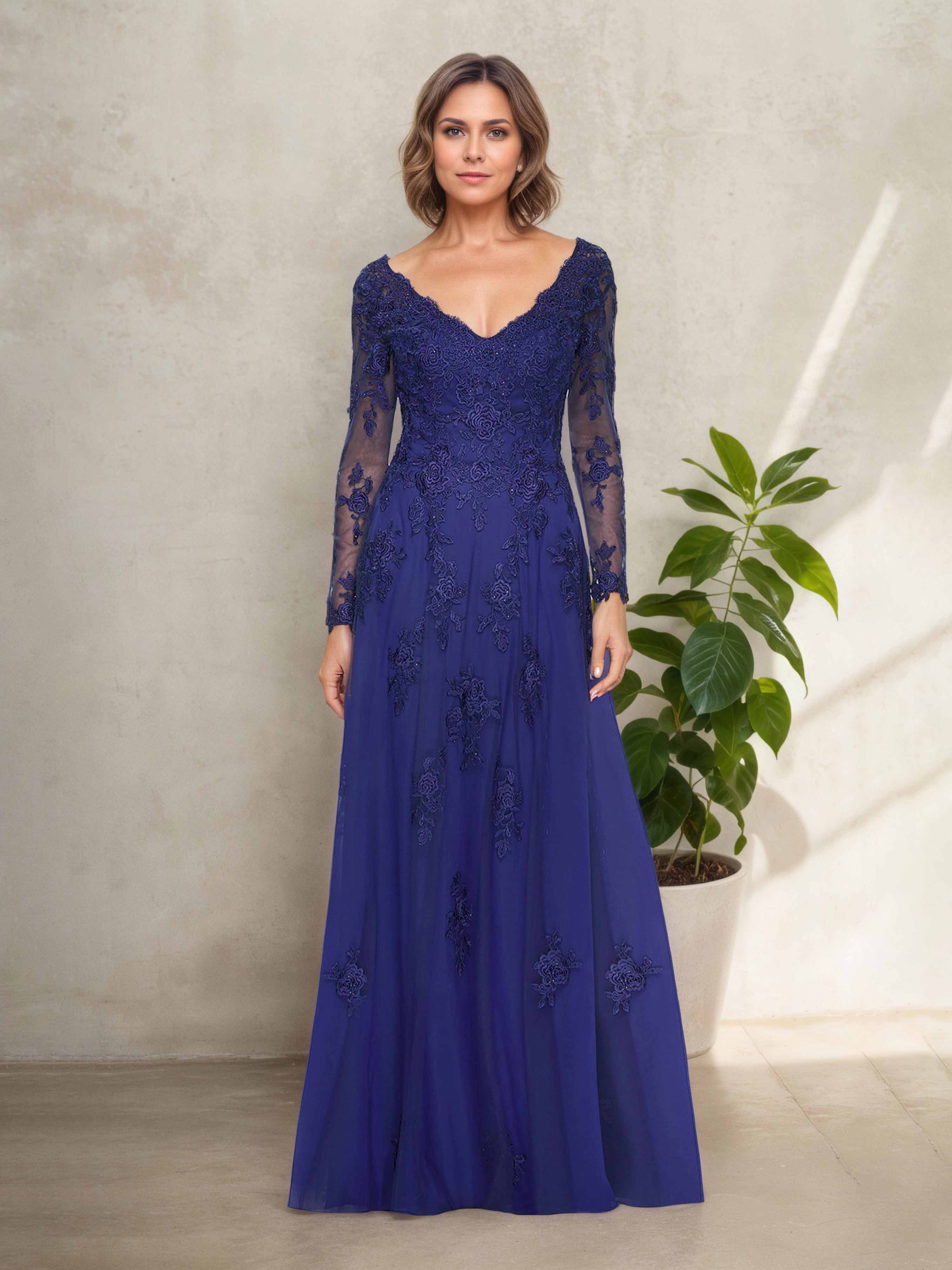 Illusion V-Neck Royal Blue Long Sleeves Floor Length Mother Of The Bride Dress Illusion V-Neck Royal Blue Long Sleeves Floor Length Mother Of The Bride Dress