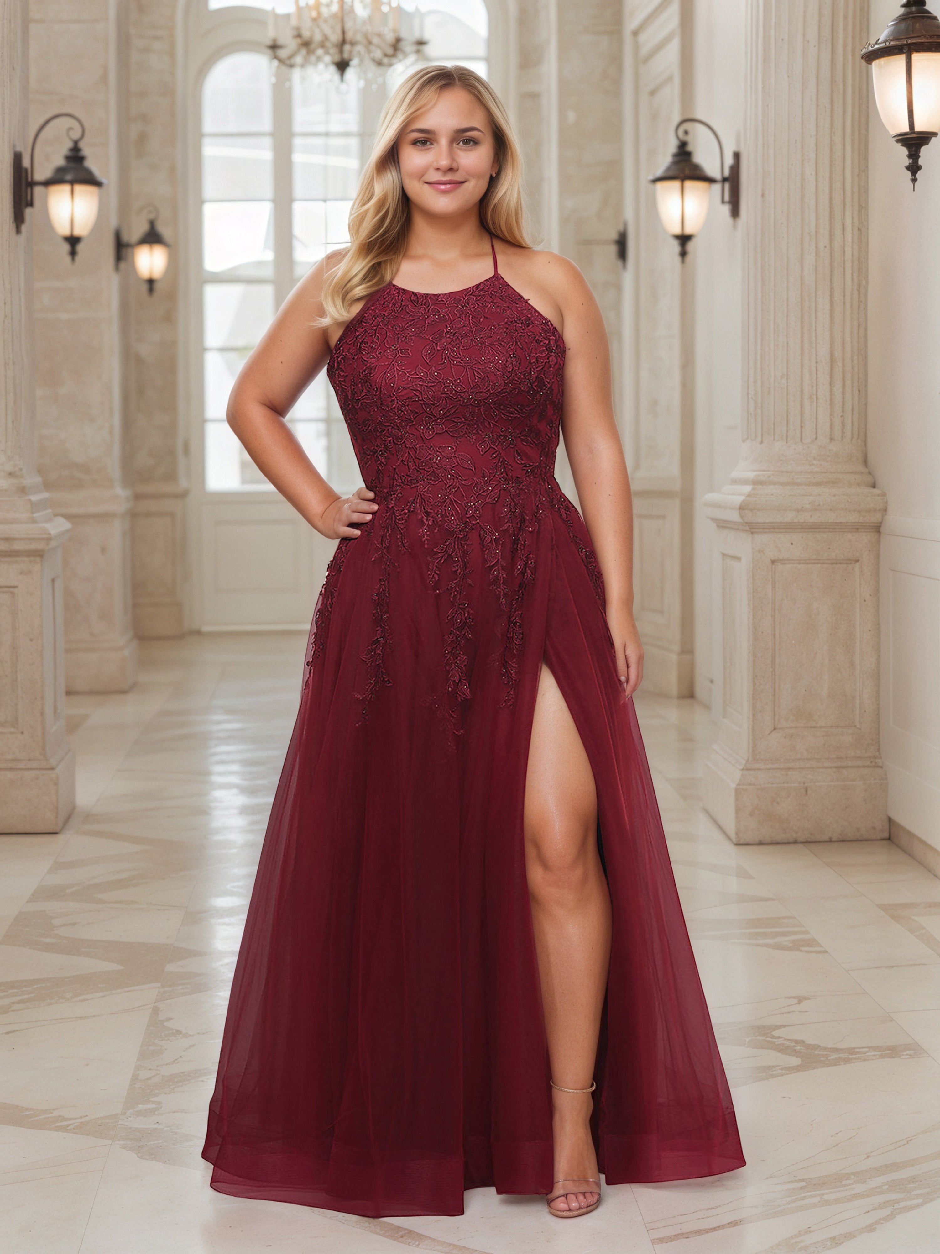 Beautiful Burgundy Tulle Plus Size Prom Dress With Split Beautiful Burgundy Tulle Plus Size Prom Dress With Split