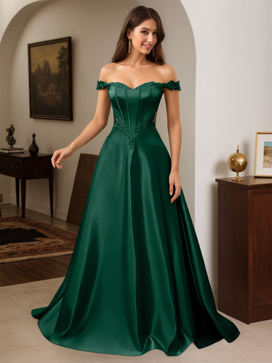 Cicinia Dark Green Prom Dresses Long Off The Shoulder A-line Appliques