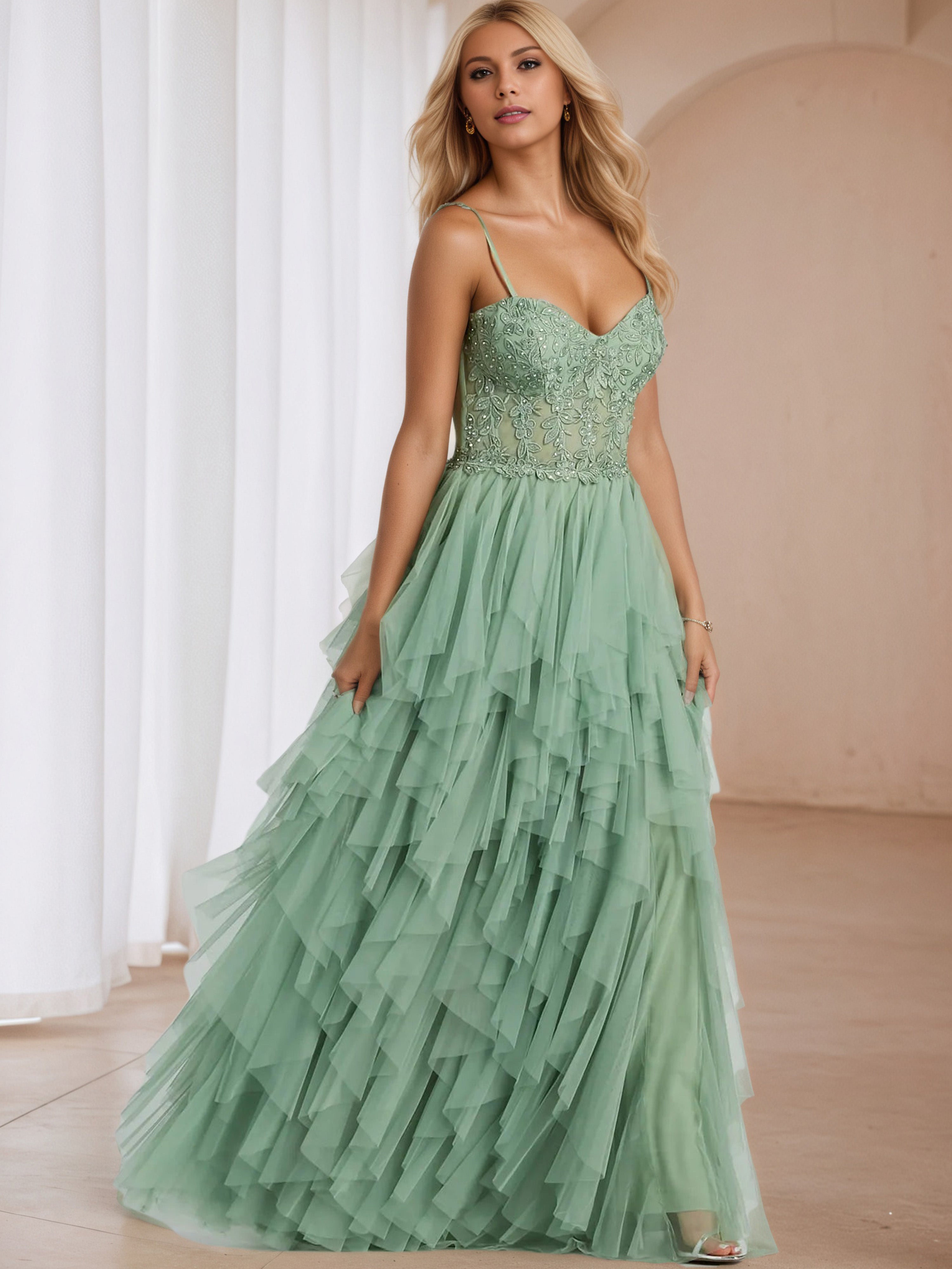 Appliques Dusty Sage A-Line Formal Dresses Appliques Dusty Sage A-Line Formal Dresses