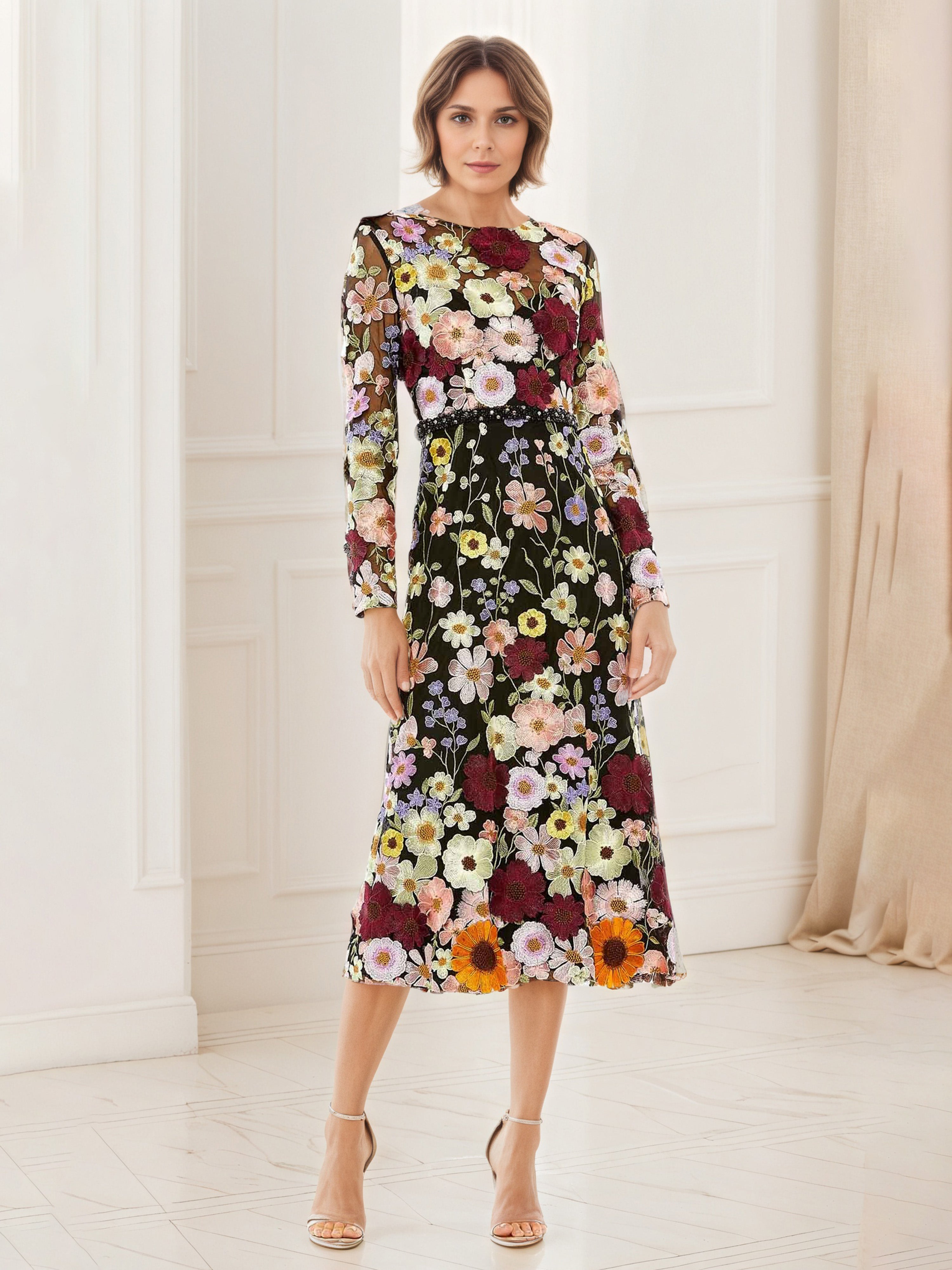 Black Flower Embroidered Tea Length Mother of The Bride Dress Black Flower Embroidered Tea Length Mother of The Bride Dress