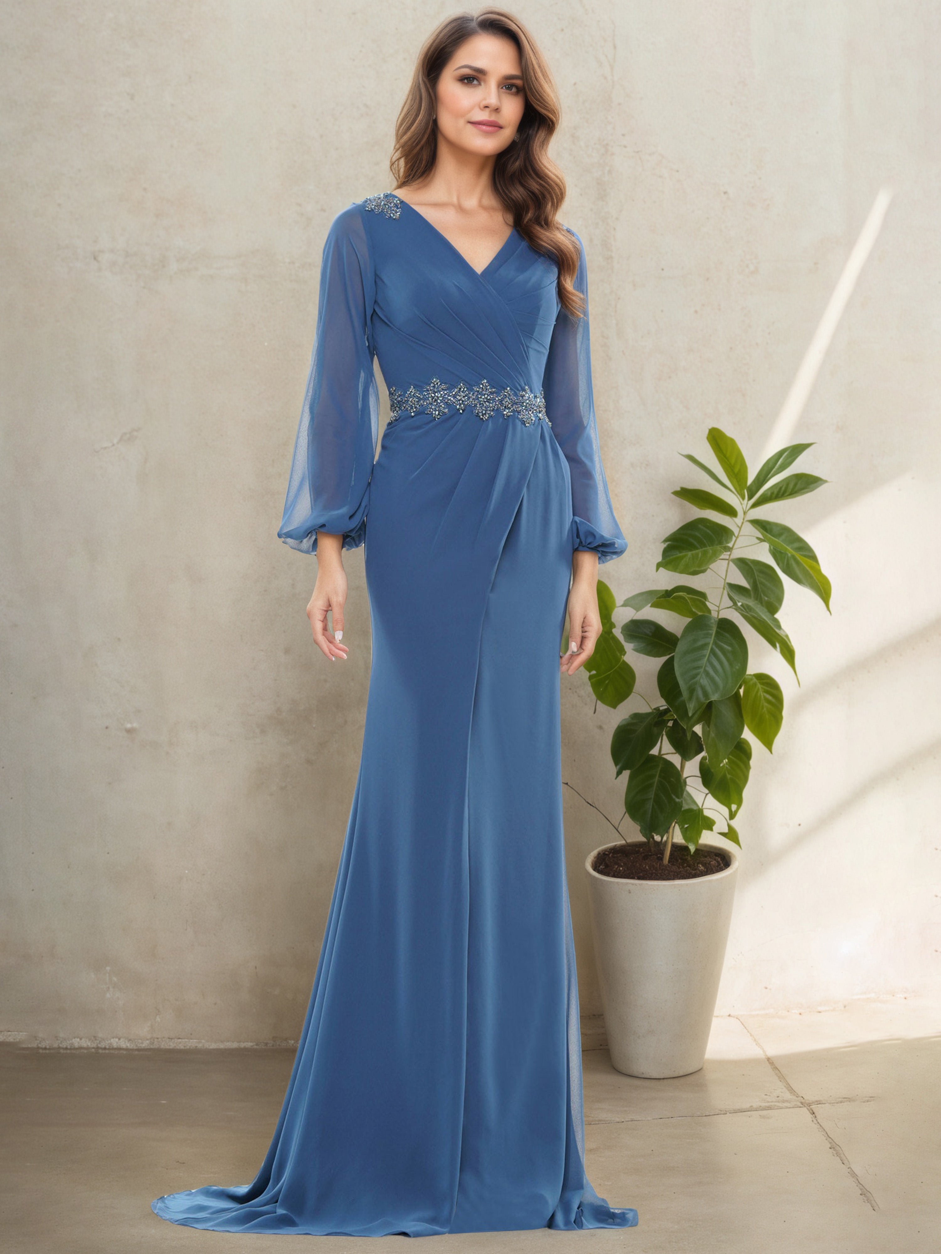 Lantern Sleeve Pleats Wedgewood V-Neck Mother of The Bride Dress with Beading Lantern Sleeve Pleats Wedgewood V-Neck Mother of The Bride Dress with Beading