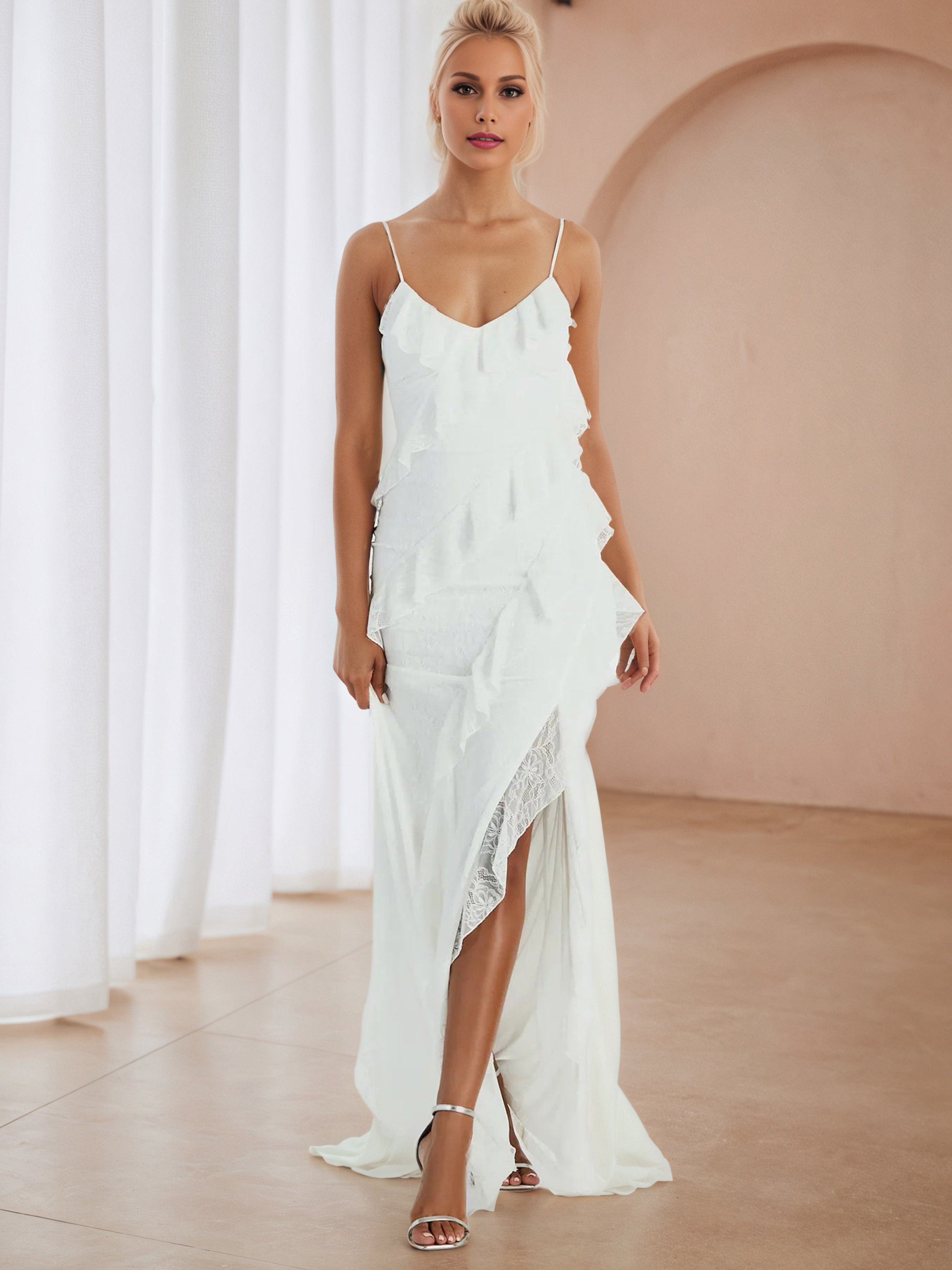 V-Neck Spaghetti Straps Ivory Formal Dresses with Split