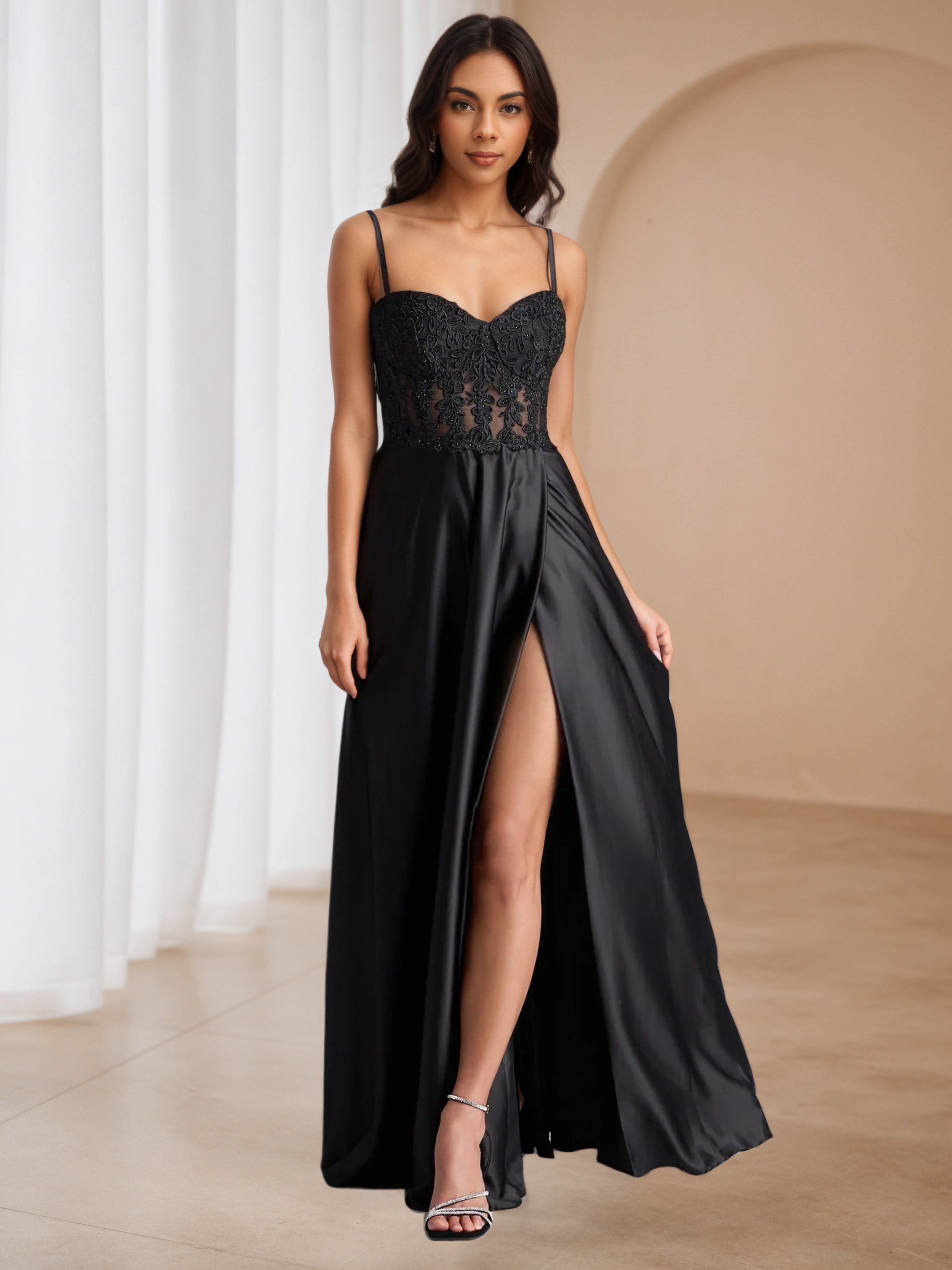 Appliques Black A-Line Formal Dresses with Split