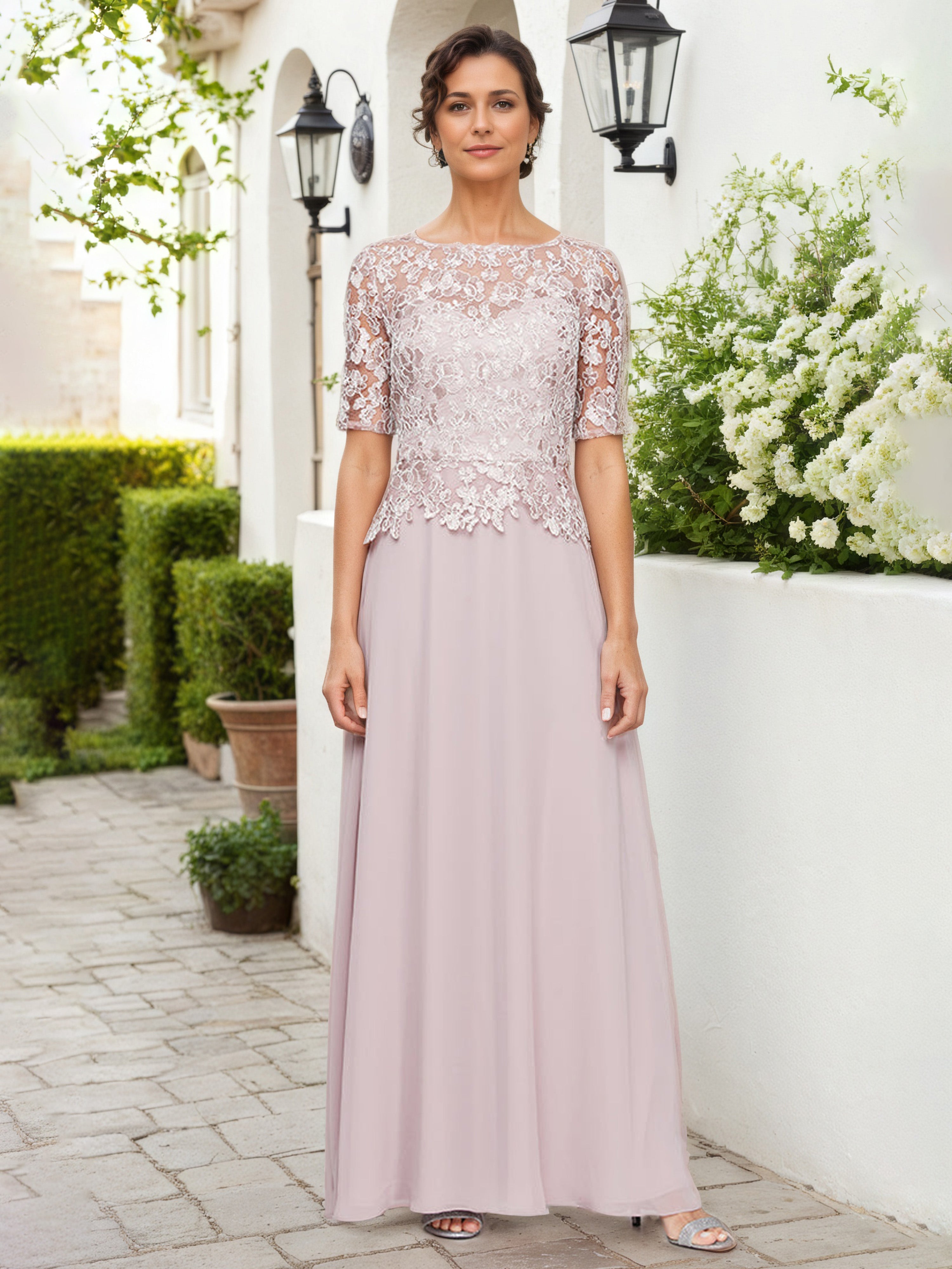 Blush Mother Of The Bride Dress A-Line Short Sleeves Lace Embroidered Blush Mother Of The Bride Dress A-Line Short Sleeves Lace Embroidered