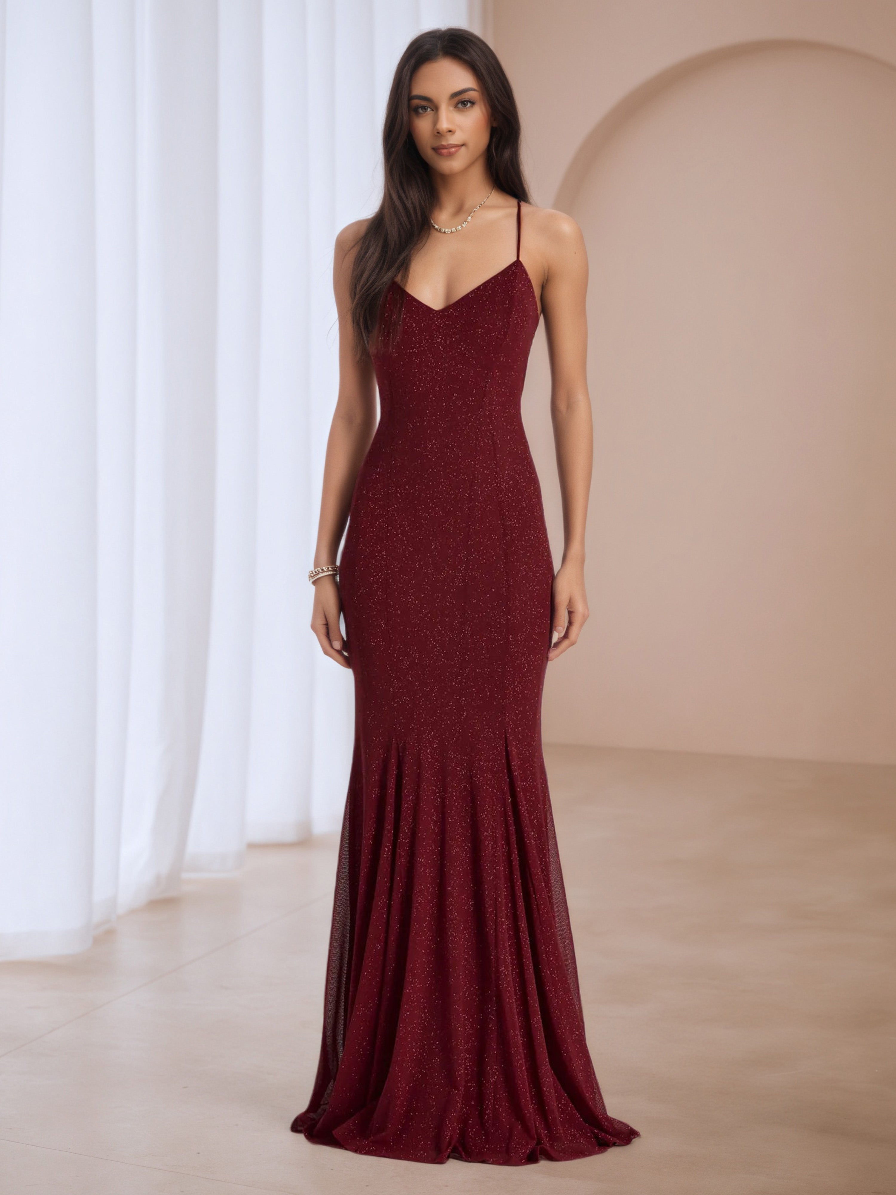 Burgundy Glitter V-Neck Sleeveless Formal Dresses