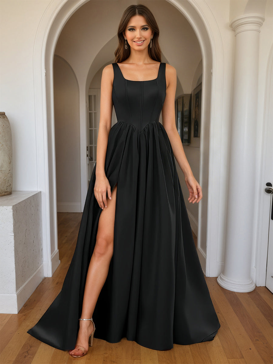 Cicinia Black Prom Dresses Long A-line Satin Square Neckline Pretty Pa