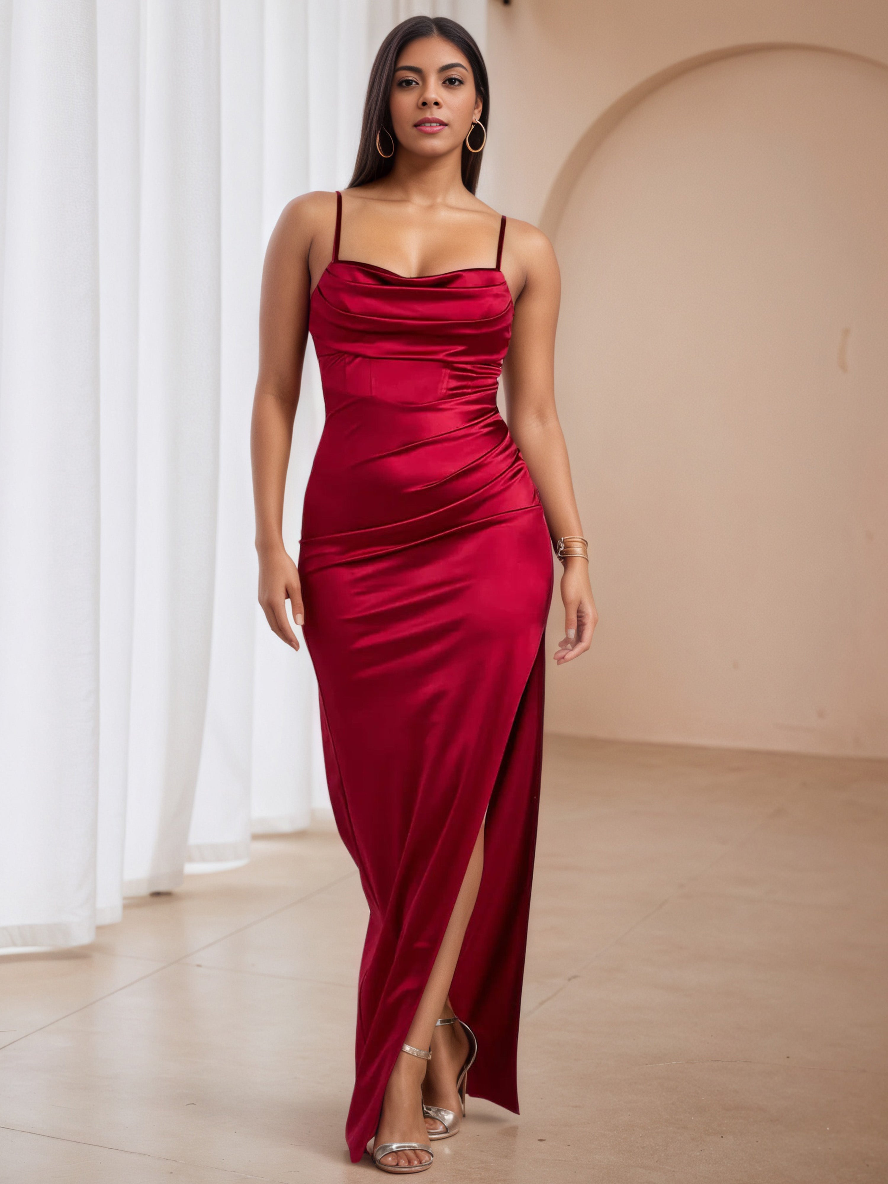 Ruched Burgundy Square Spaghetti Straps Formal Dresses