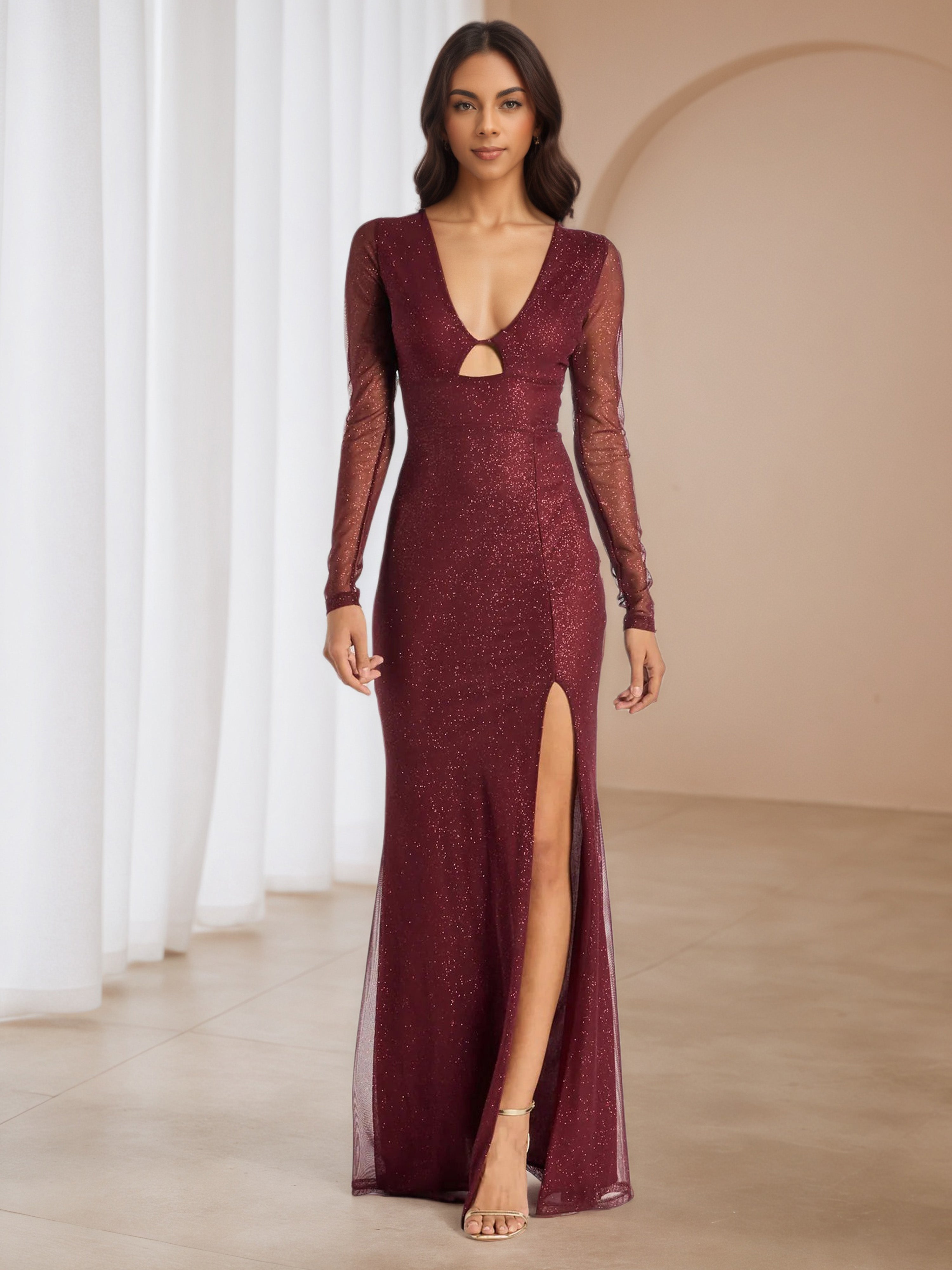 Glitter Long Sleeves Burgundy Cut-Out Long Wedding Guest Dress Glitter Long Sleeves Burgundy Cut-Out Long Wedding Guest Dress