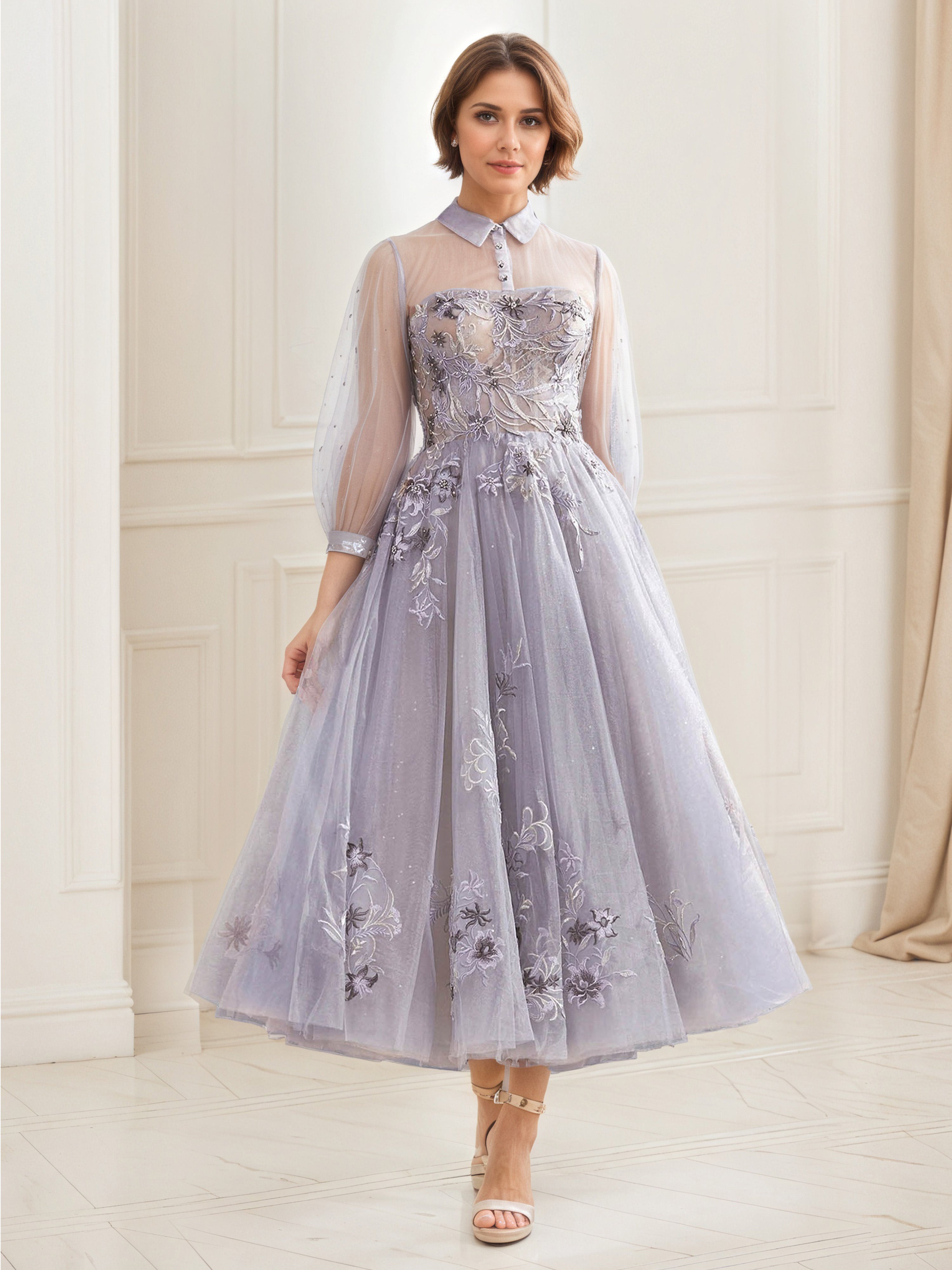 Dusk Classic Shirt Collar Embroidered Lace Long Sleeve A-Line Mother Of Bride Dress Dusk Classic Shirt Collar Embroidered Lace Long Sleeve A-Line Mother Of Bride Dress