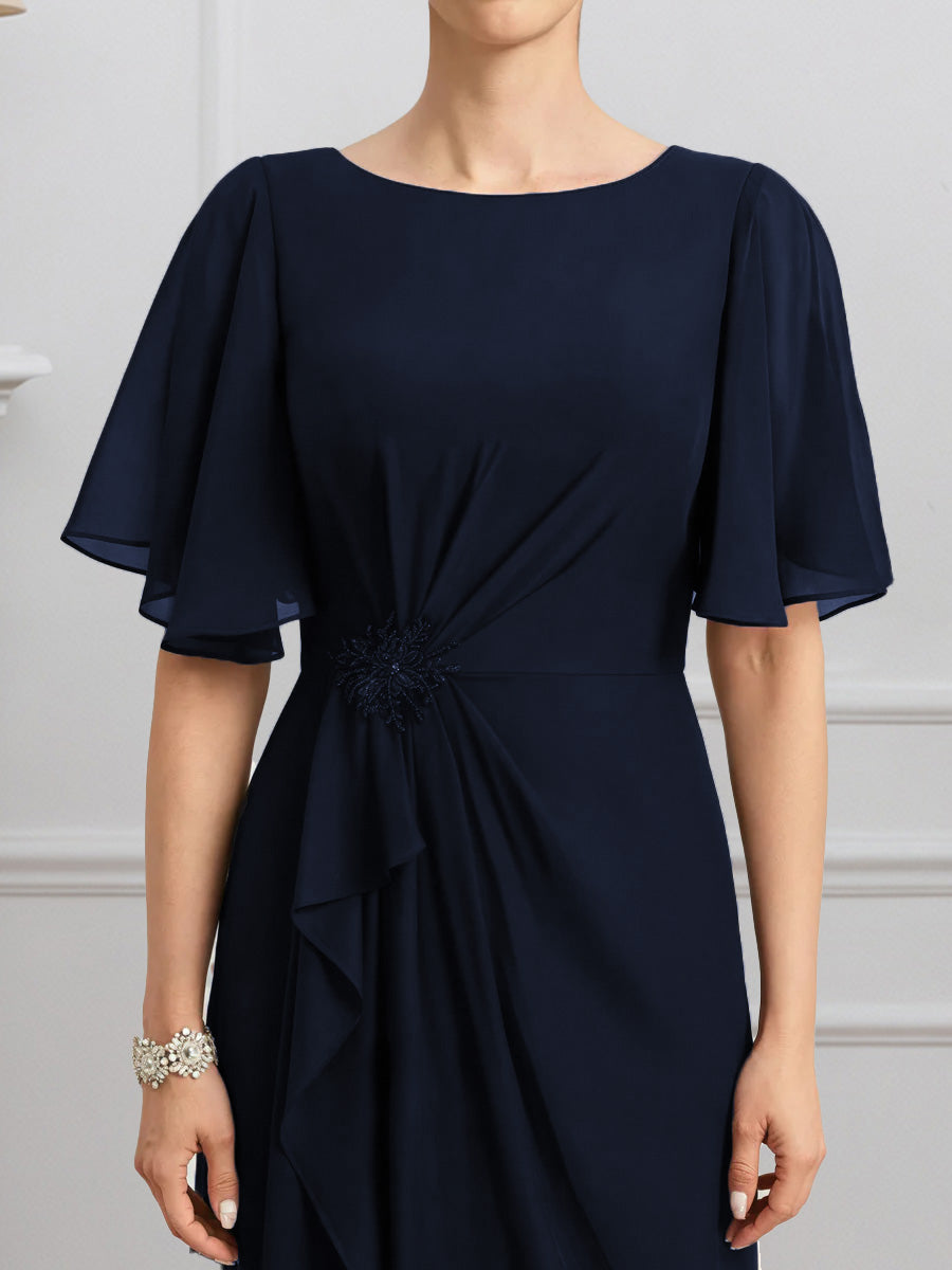Cicinia Dark Navy Mother Of The Bride Dress Long Chiffon Sheath Half Sleeves Floor Length