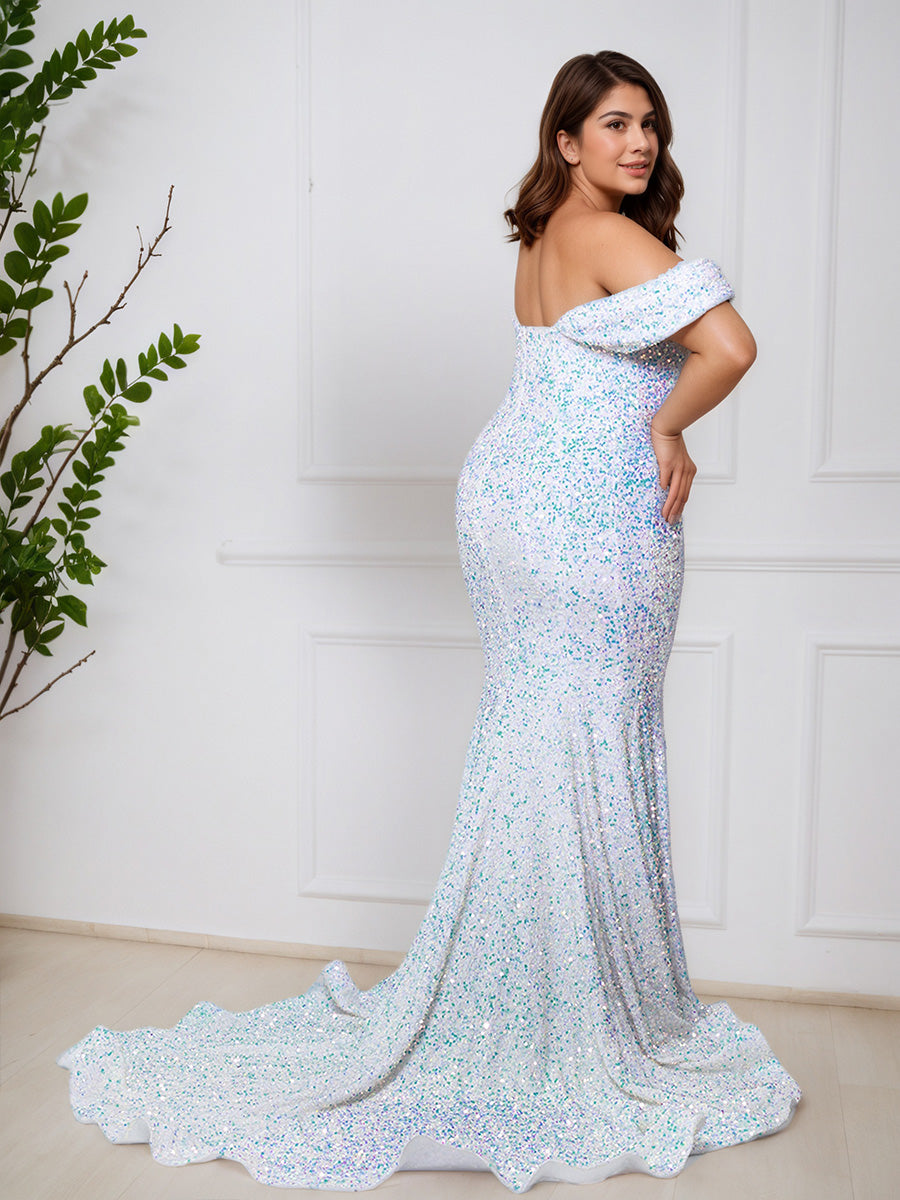 Pretty Off The Shoulder White Mermaid Sequins Long Plus Size Prom Dress