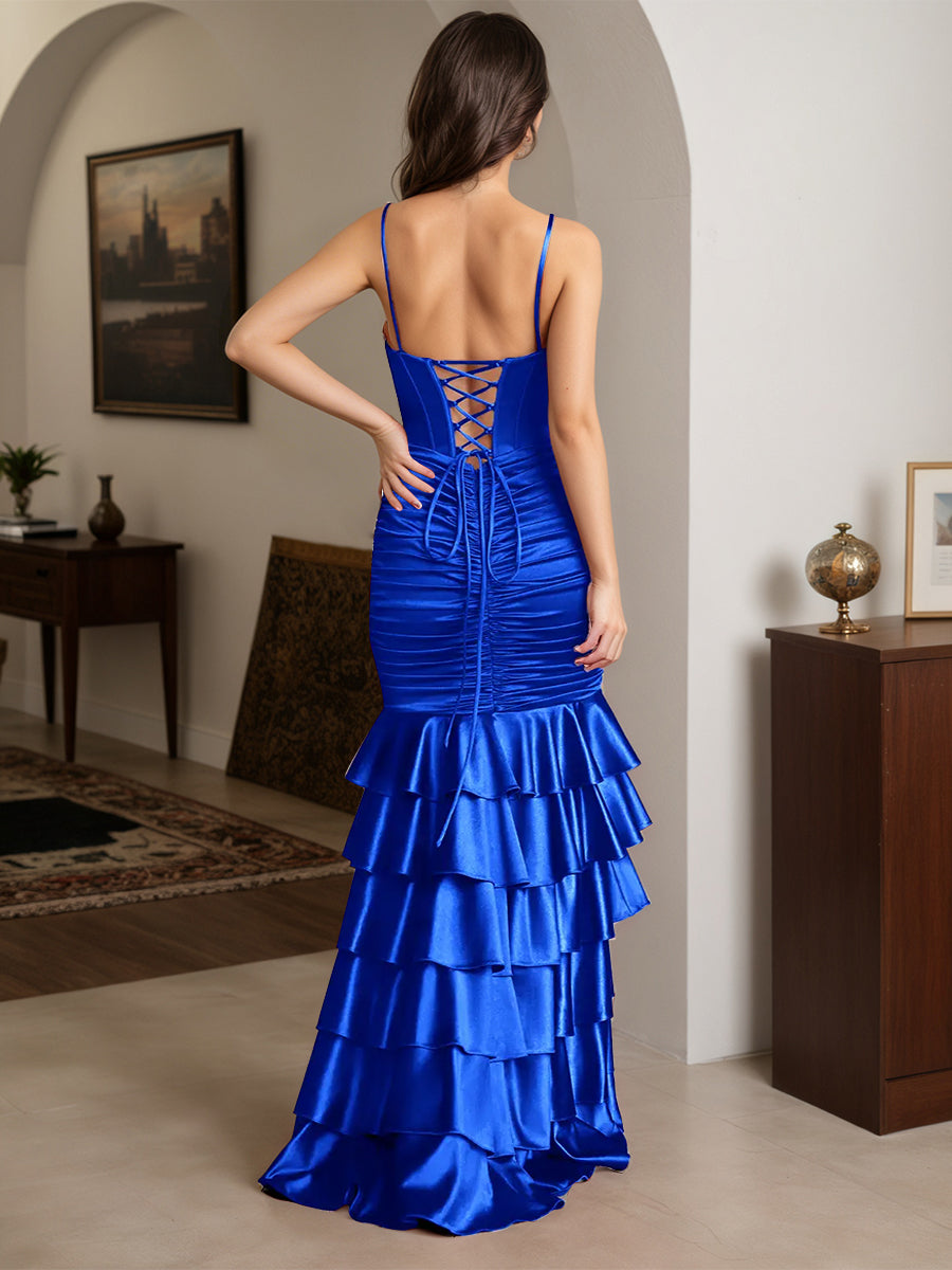 Cicinia Royal Blue Prom Dresses Long Stretch Satin Ruffles Sheath Slit Spaghetti Straps Gowns