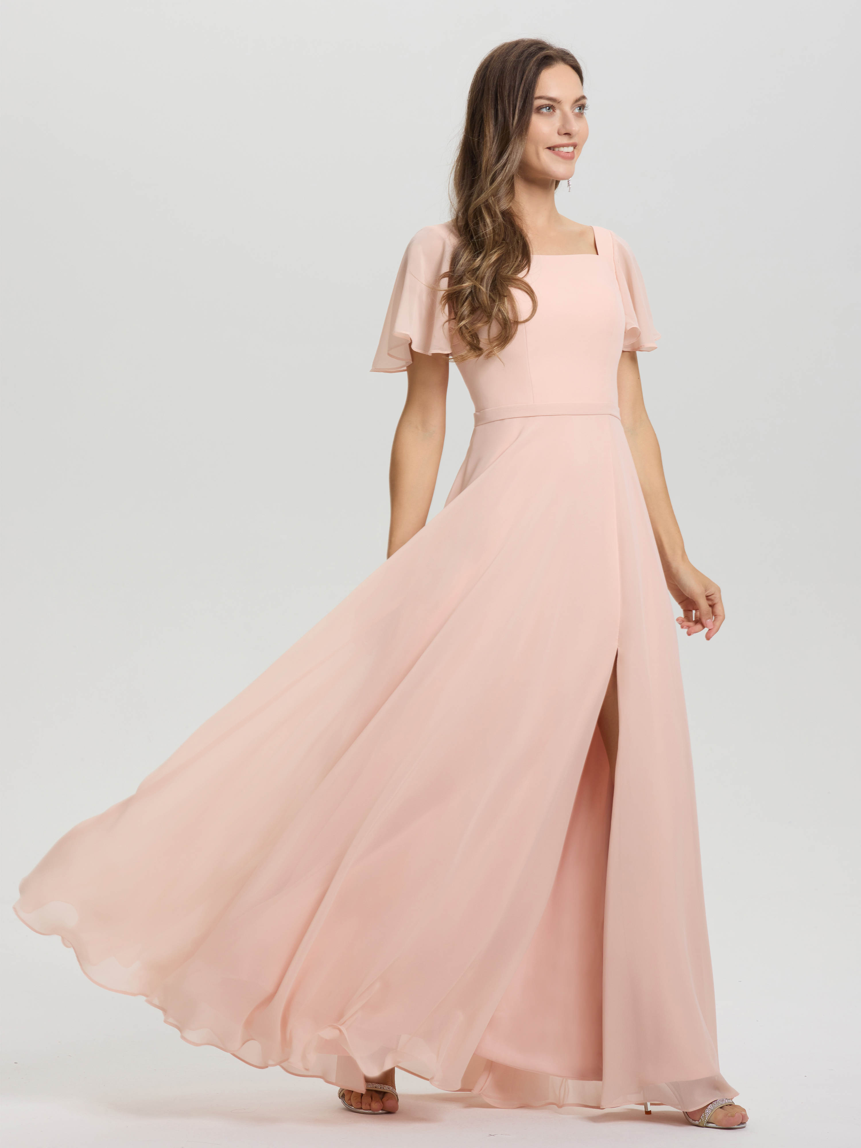 A-Line Square Neck Short Ruffle Sleeves Floor Length Chiffon Bridesmaid Dress