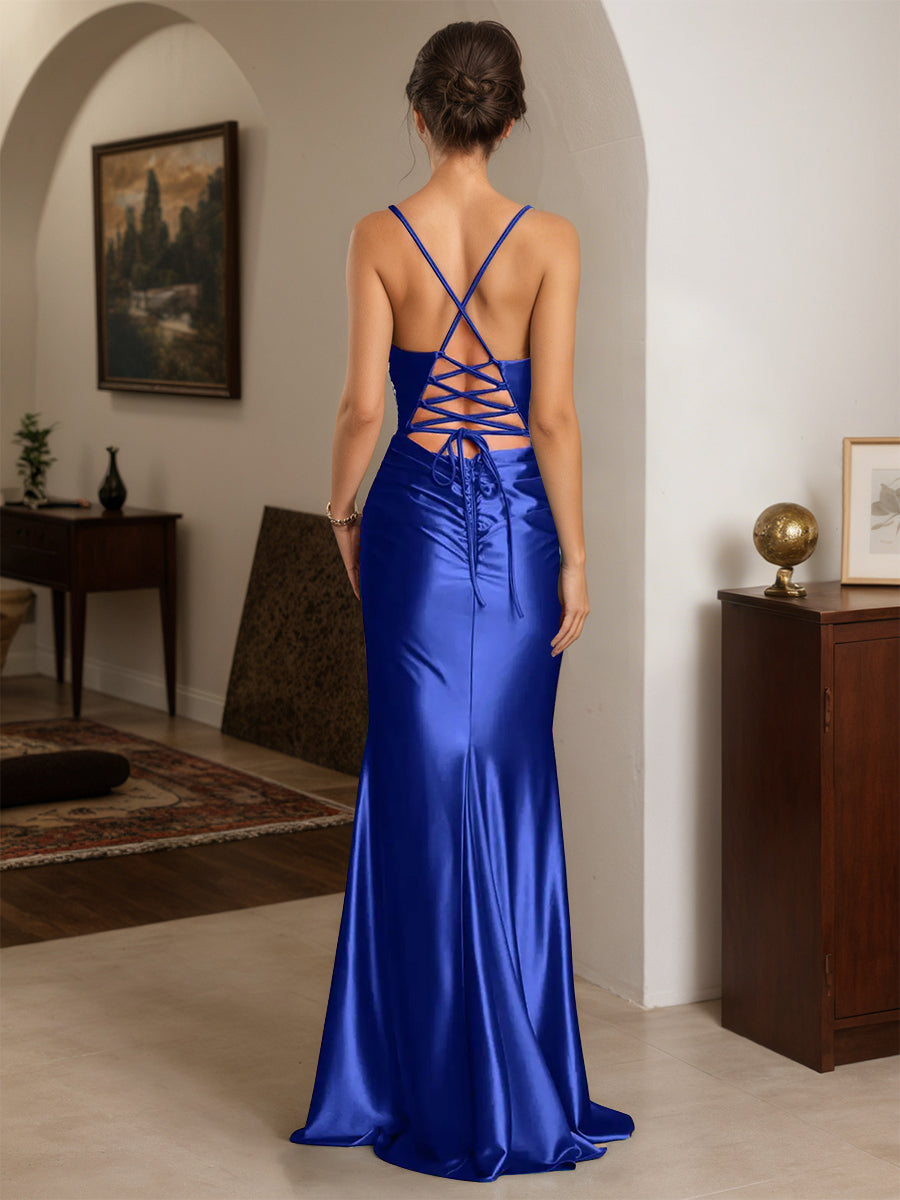 Cicinia Royal Blue Prom Dresses Long Stretch Satin Sheath Spaghetti Straps Backless Chic