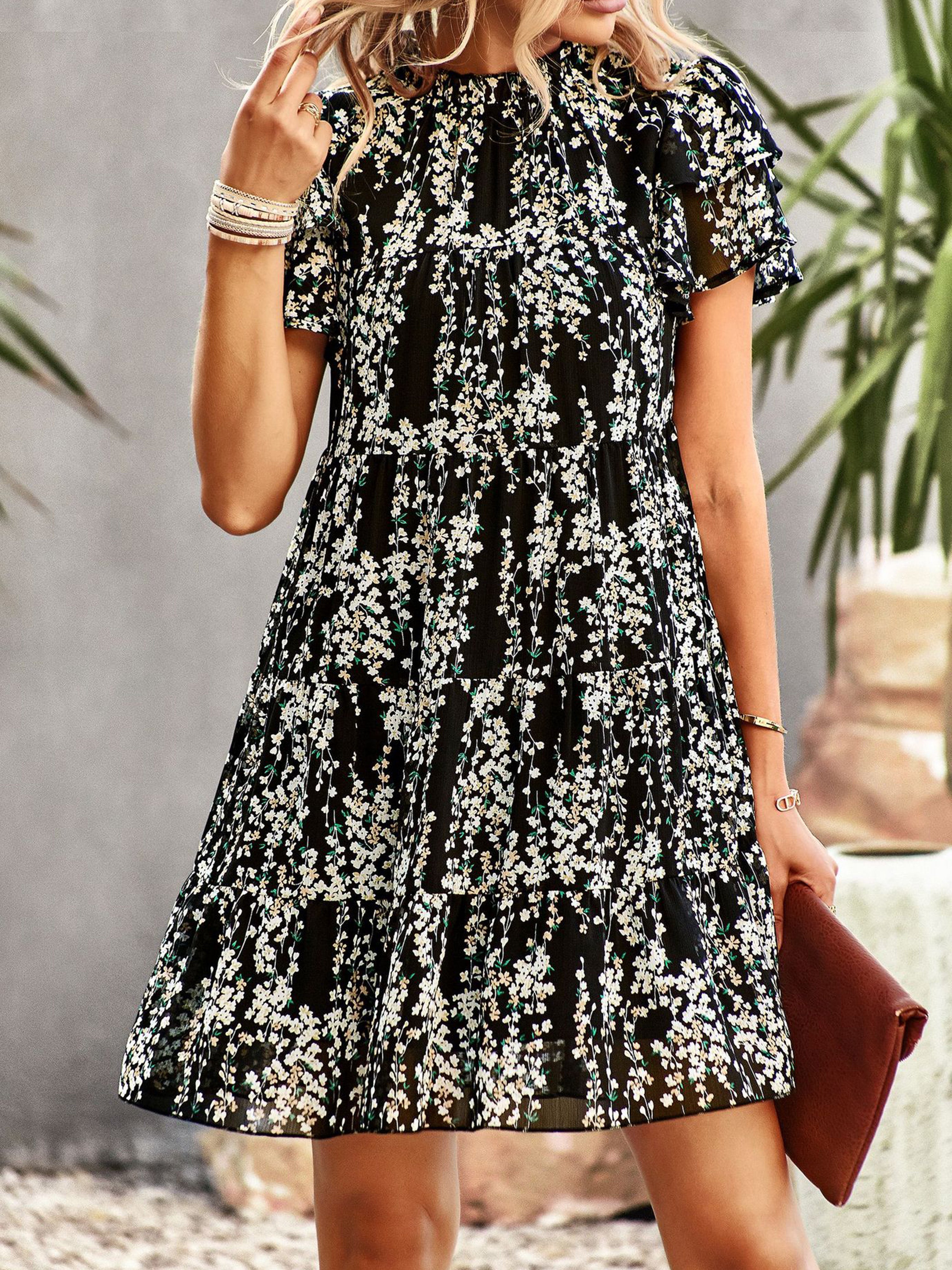 a line floral wedding guest dress Zapaka Women Floral Midi Dress with Ruffles A-Line Tulle Champagne Off the Shoulder Embroidered Corset Lace-Up Back Wedding Guest Dress, Champagne /