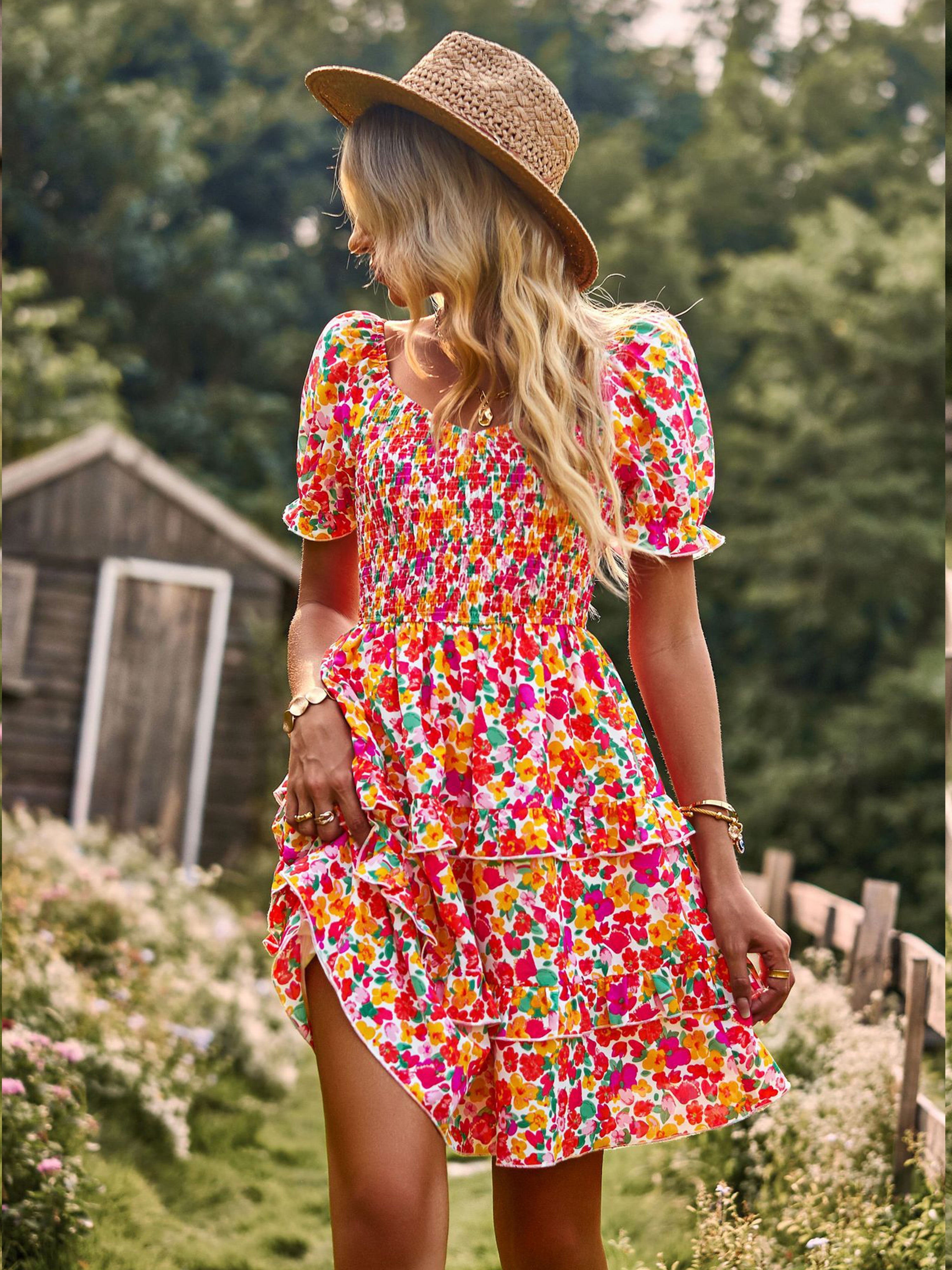 Pink Floral Off The Shoulder Short Sleeves Layers Wedding Guest Dress, Pink / M Pink Floral Off The Shoulder Short Sleeves Layers Wedding Guest Dress, Pink / M
