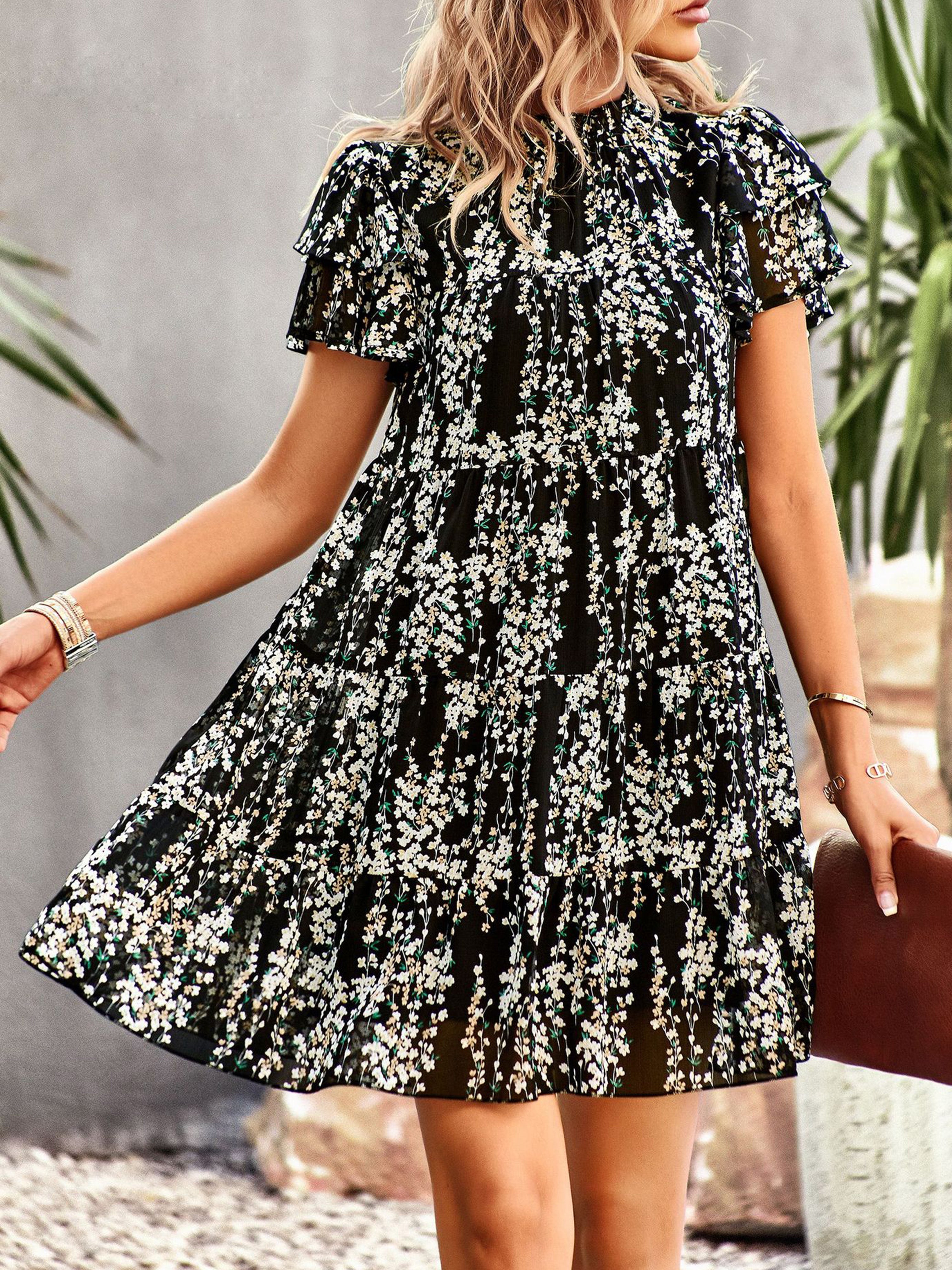 Jewel A Line Floral Black Ruffles Sleeves Wedding Guest Dress