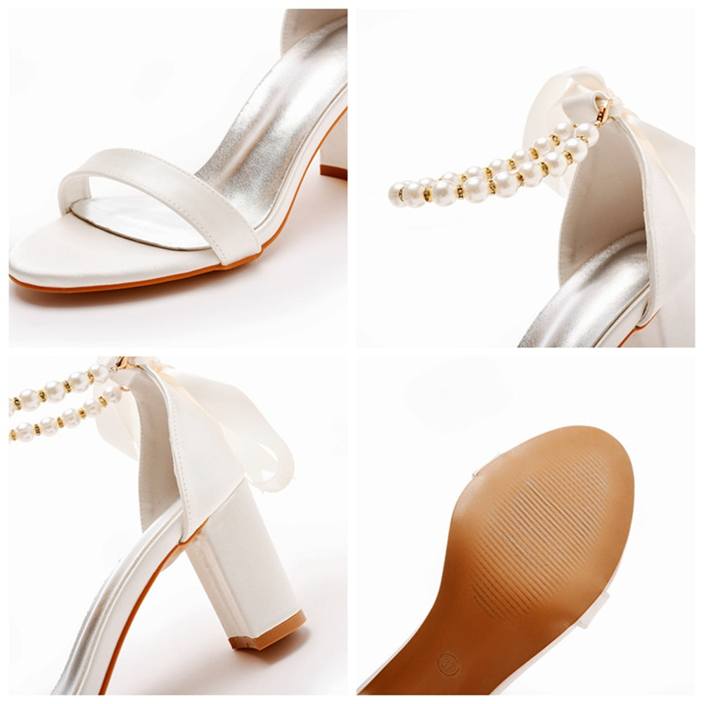 Elegant Pearl Ribbon Tie Open Toe Ankle Strap Block High Heels