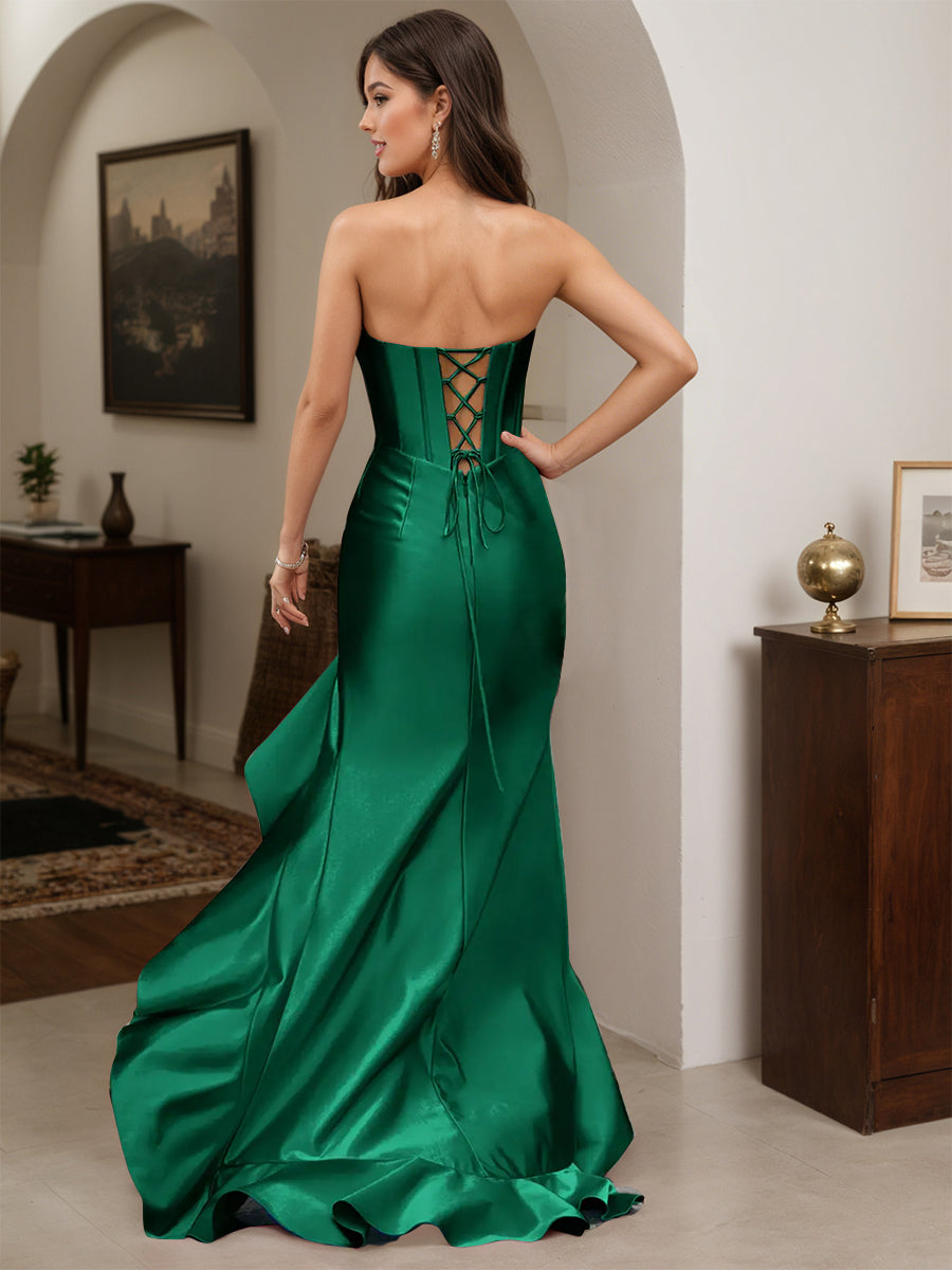 Cicinia Dark Green Prom Dresses Long Srtapless Sheath Ruffles Party Gowns