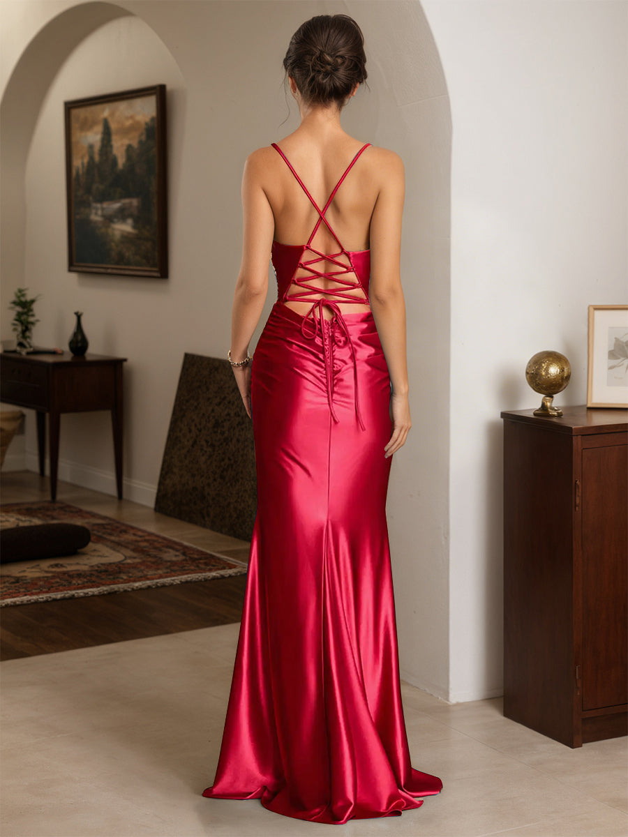 Cicinia Red Prom Dresses Long Stretch Satin Sheath Spaghetti Straps Backless Chic