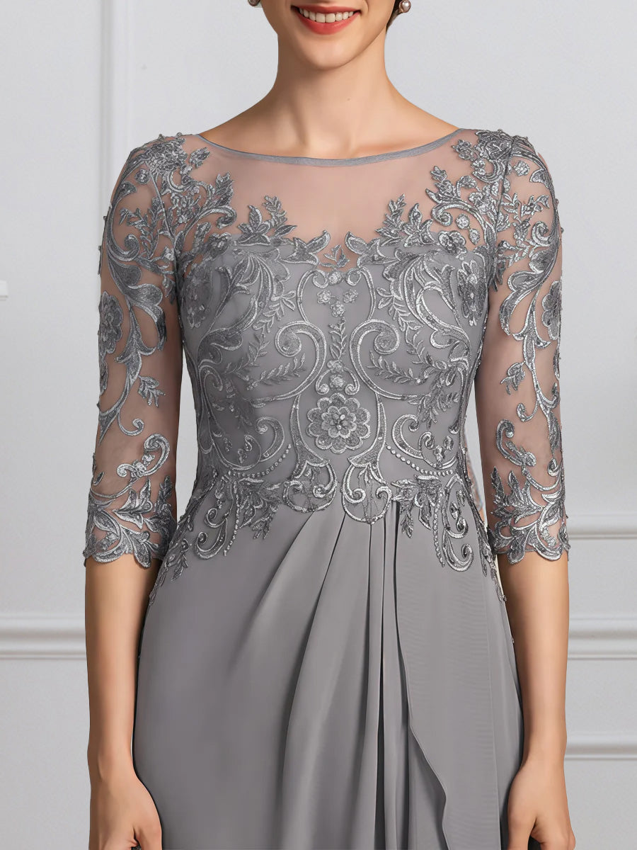 Cicinia Gray Mother Of The Bride Dress Long Chiffon Lace A-line Half Sleeves Elegant