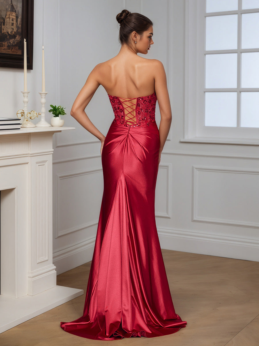 Pretty Burgundy Strapless Beading Sheath Sweep Train Long Prom Dress