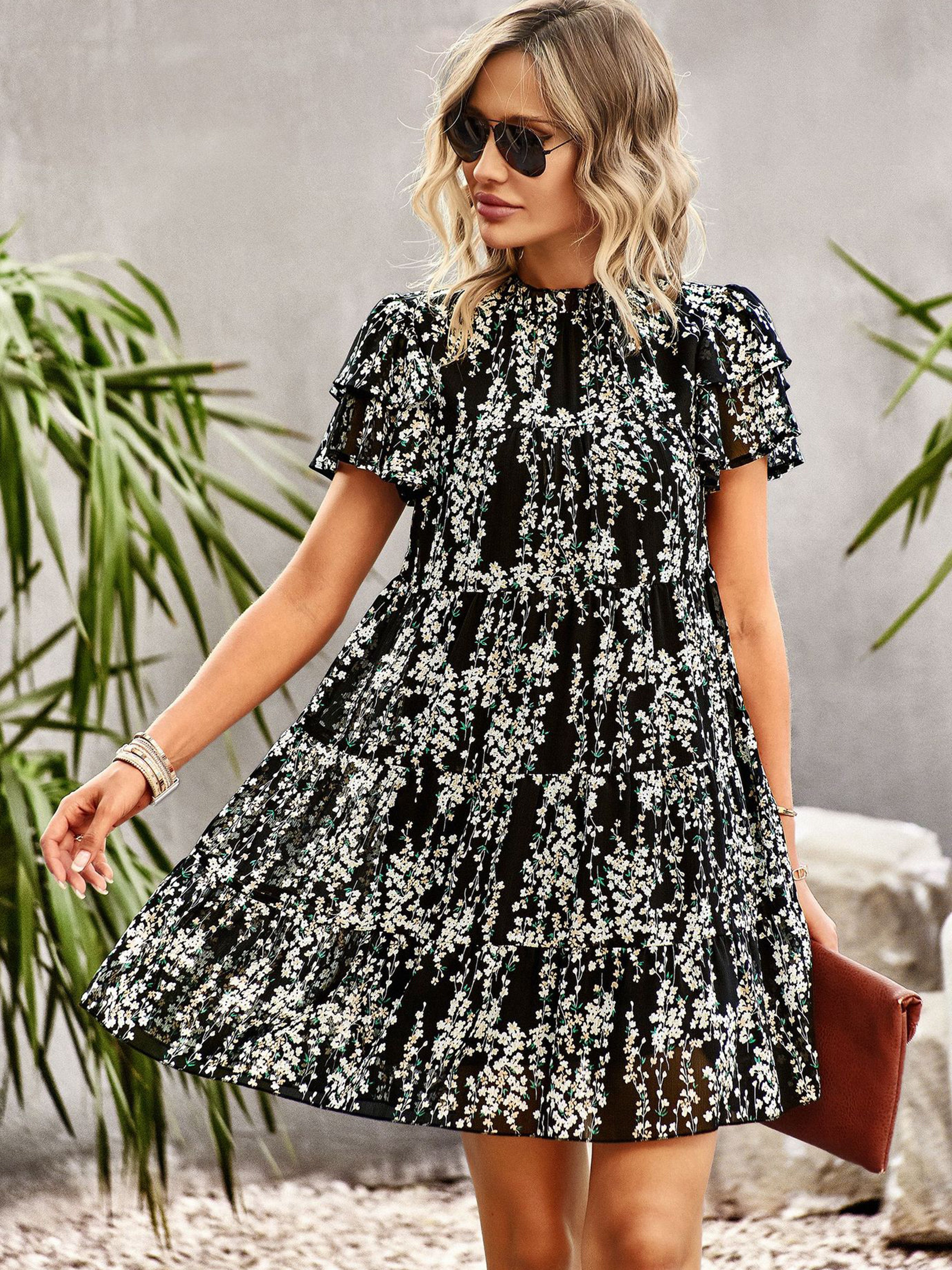 Jewel A Line Floral Black Ruffles Sleeves Wedding Guest Dress