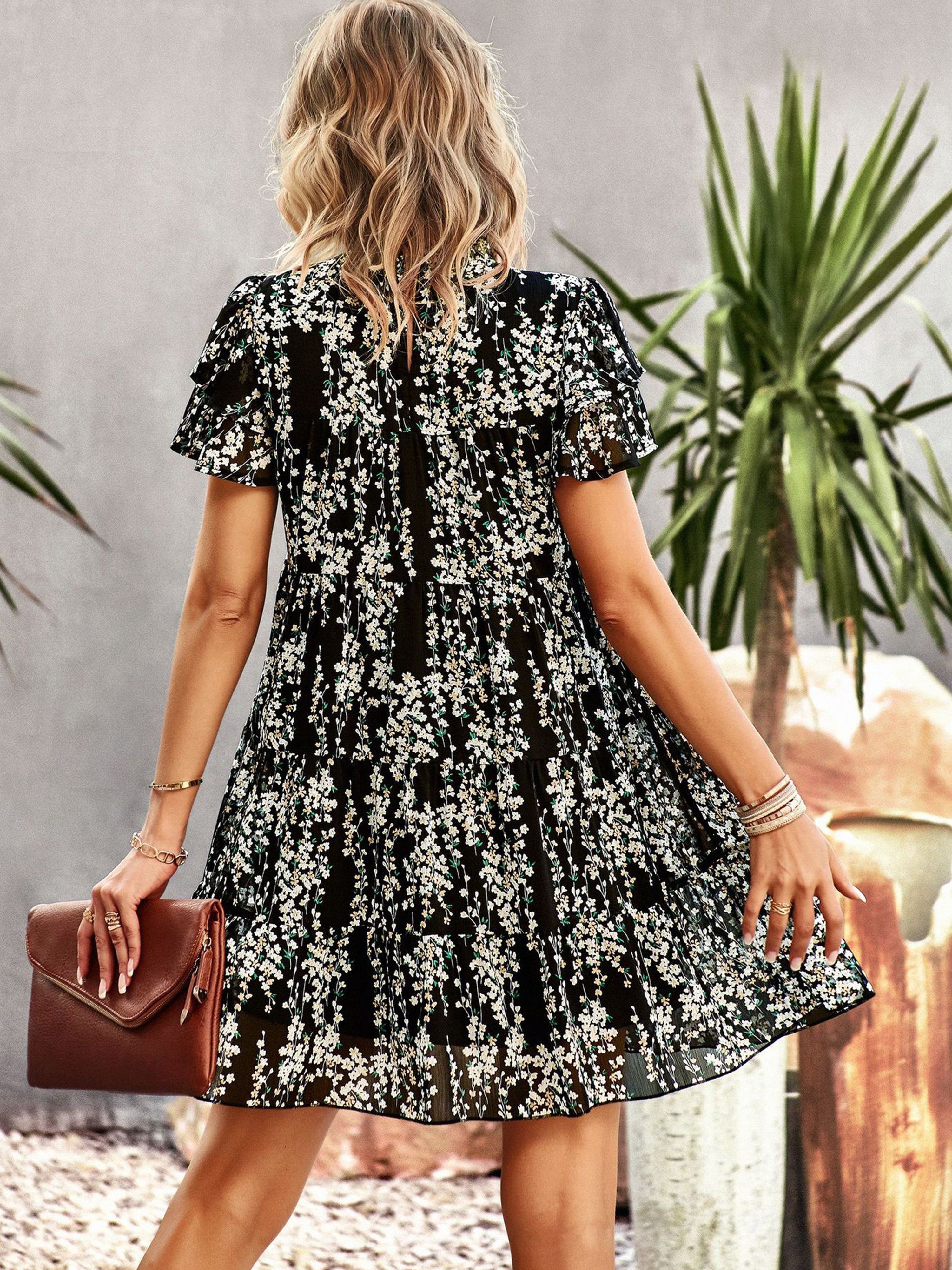 Jewel A Line Floral Black Ruffles Sleeves Wedding Guest Dress