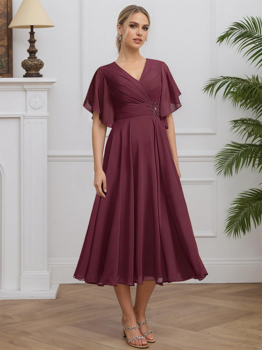 Cicinia Mulberry Mother Of The Bride Dress Long Chiffon A-line Short Sleeves Tea Length