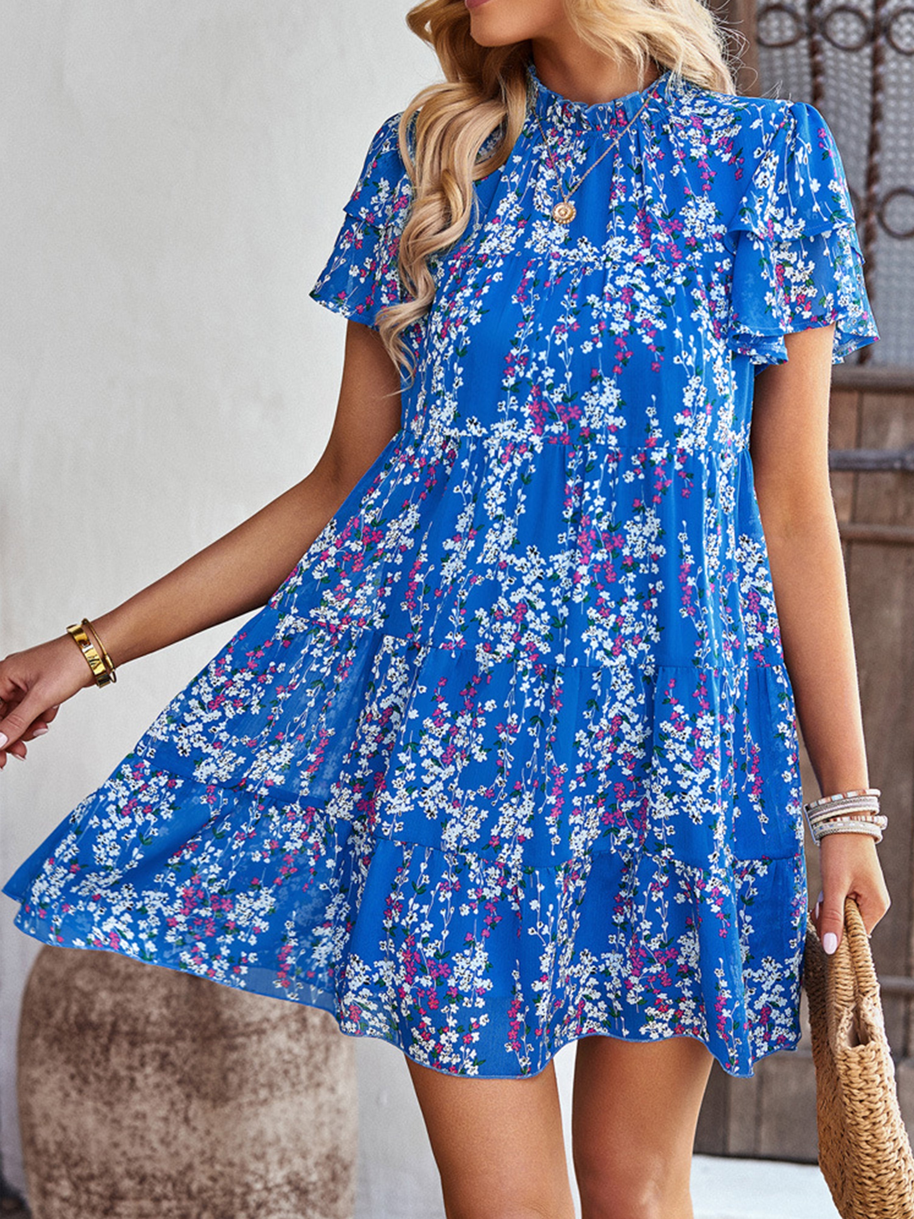 Jewel A Line Floral Blue Ruffles Sleeves Wedding Guest Dress