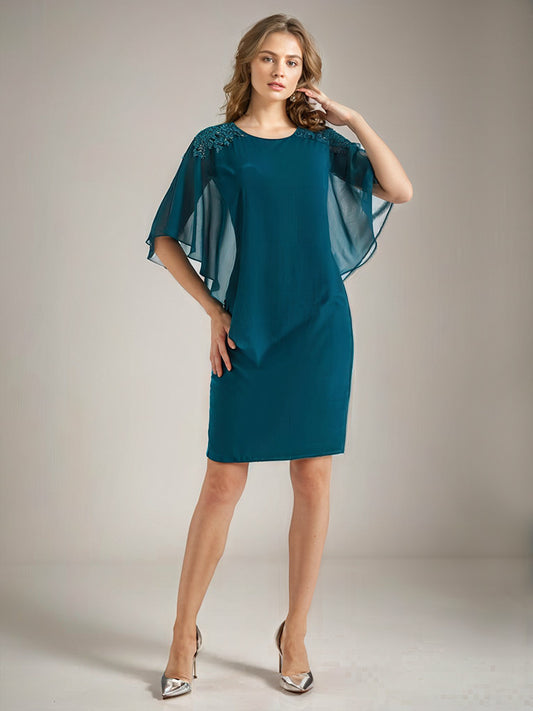 2 Pieces Chiffon Half Sleeves Cape Knee-Length Mother of the Bride Dress