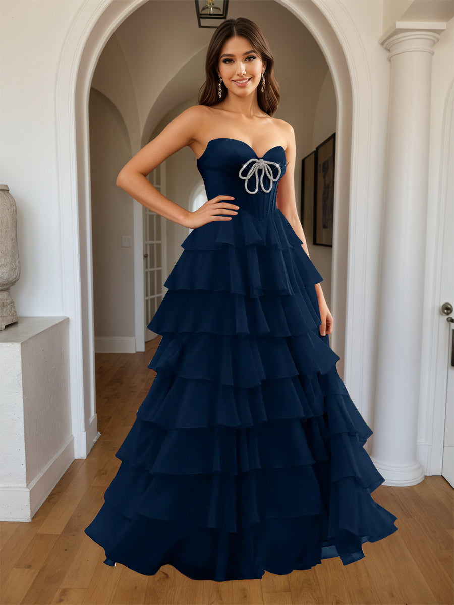 Cicinia Navy Blue Prom Dresses Long A-line Slit Sweetheart Layered Eve