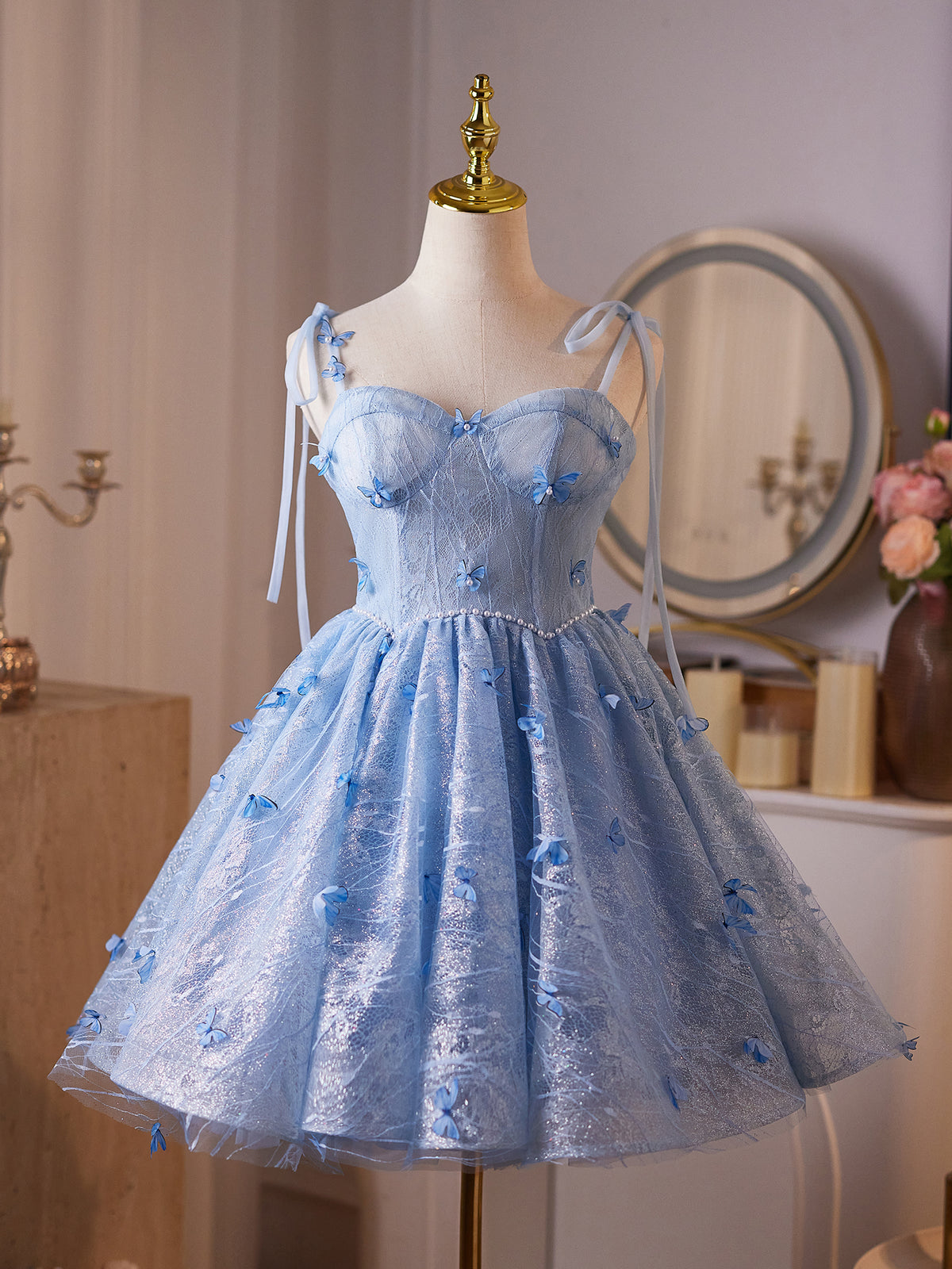 Cicinia Blue Homecoming Dresses Short Lace A-line Mini Length Spaghetti Straps Princess Dress