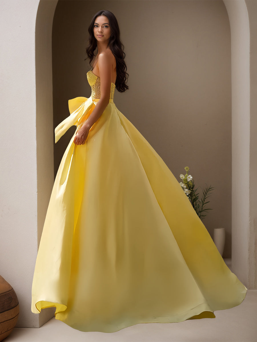 Cicinia Yellow Prom Dresses Long Satin A-line Floor Length Beaded Sweetheart Gowns With Bowknot