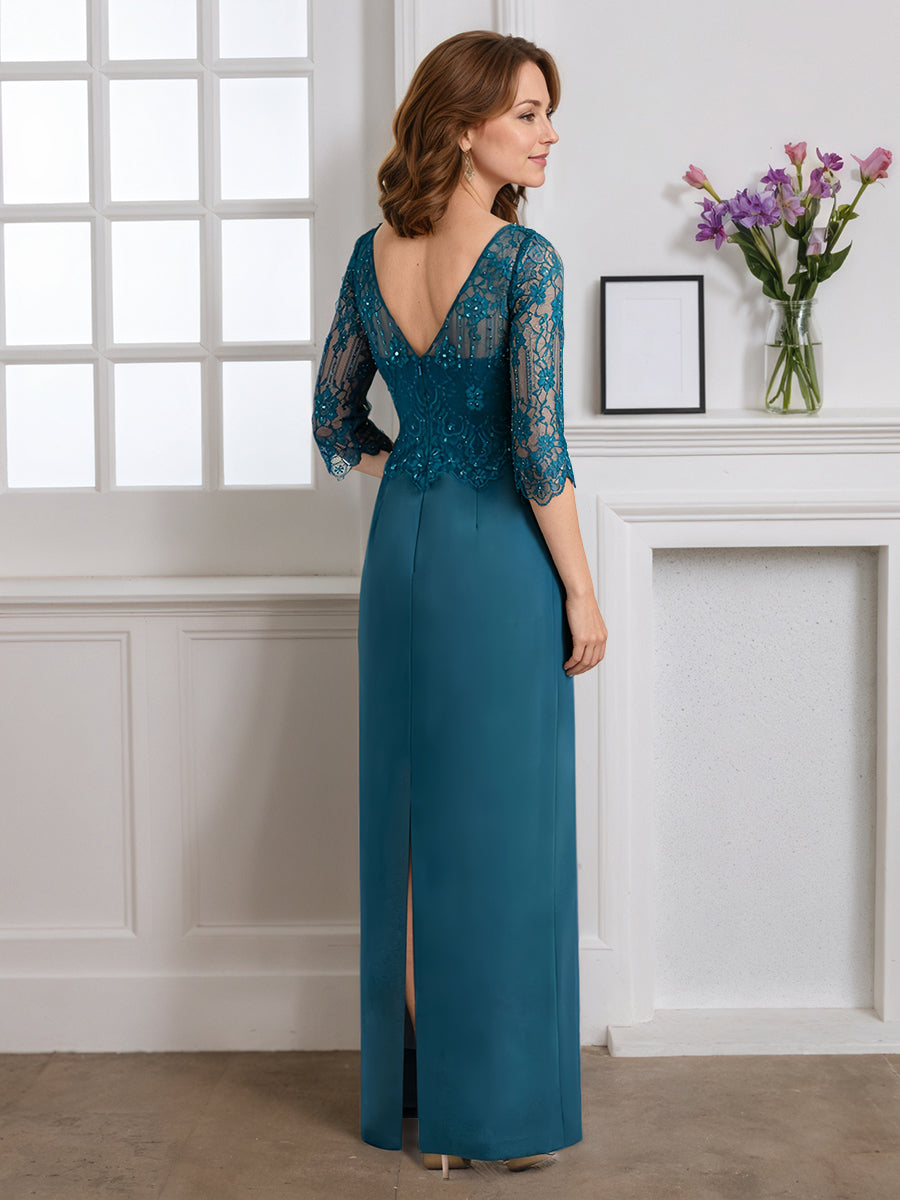 Cicinia Teal Mother Of The Bride Dress With Sleeves Back Slit Long Sheath V-neck Dress